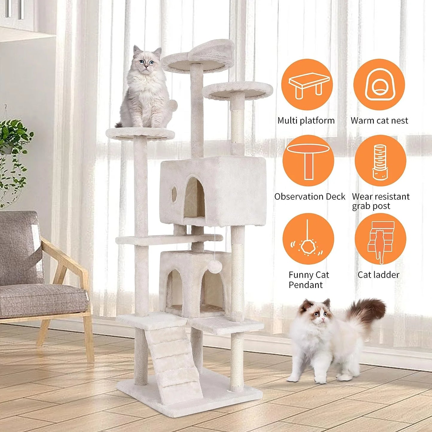 70 in Beige Particleboard Cat Tree Tower with Funny Toys