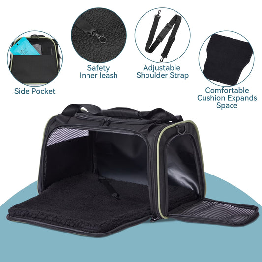 17In Cat Carrier, Pet Carrier Airline Approved with Extendable Mat, TSA Approved Pet Carrier,Under 20 Lbs, Black