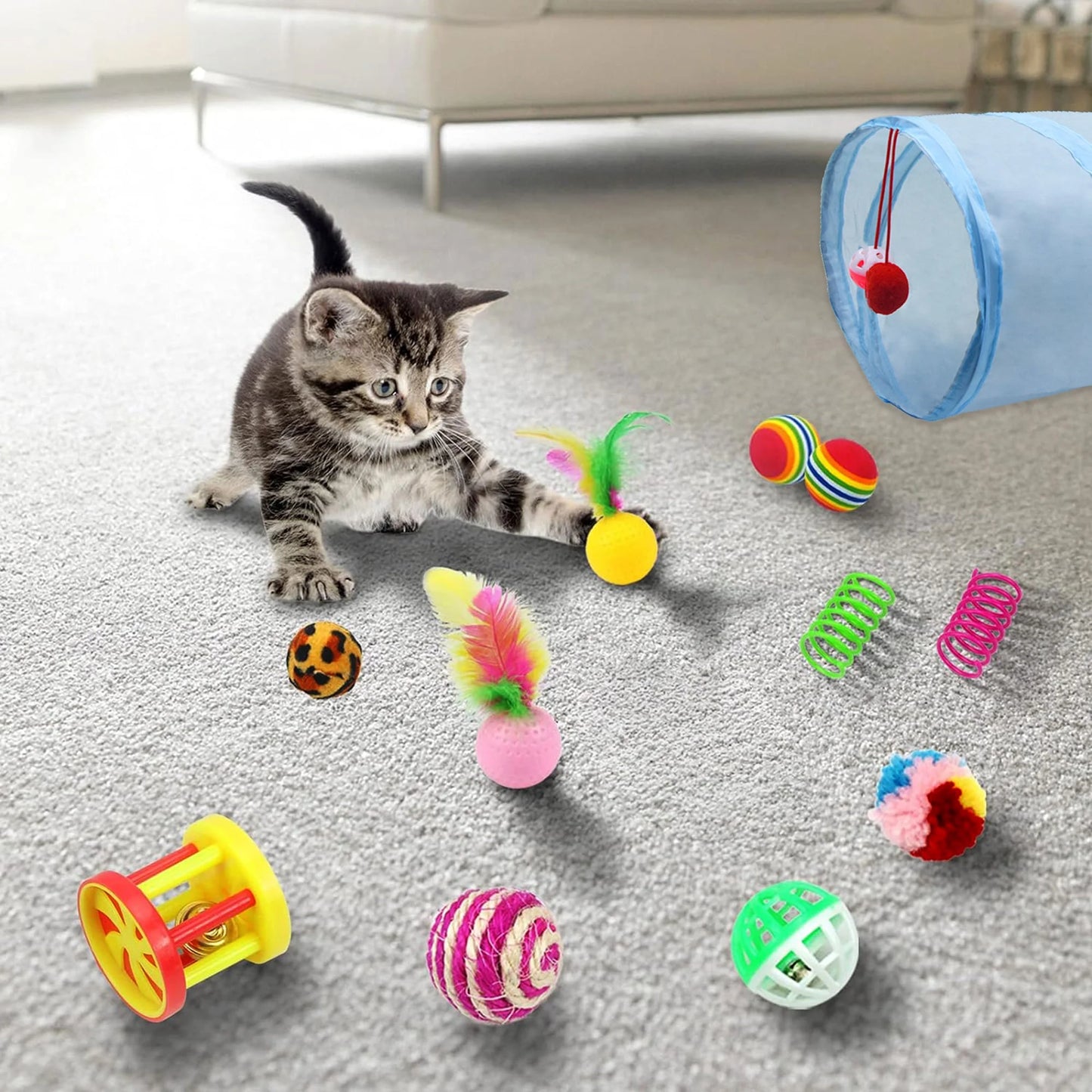 21PCS Cat Toy Set: Folding Tunnel, Feather Teaser & Crinkle Balls for Kittens/Puppies (Greyish Blue)