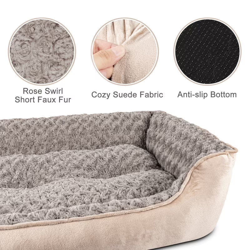 Rectangle Dog Bed for Large Medium Small Dogs, Soft Breathable Puppy & Pet Cuddler with Washable Orthopedic Sofa Bed, Durable Calming Dog Bed with Anti-Slip Bottom, Beige, 30"X24"X9"