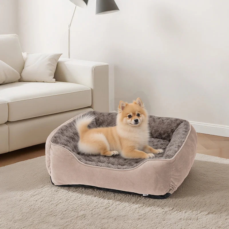 Rectangle Dog Bed for Large Medium Small Dogs, Soft Breathable Puppy & Pet Cuddler with Washable Orthopedic Sofa Bed, Durable Calming Dog Bed with Anti-Slip Bottom, Beige, 30"X24"X9"