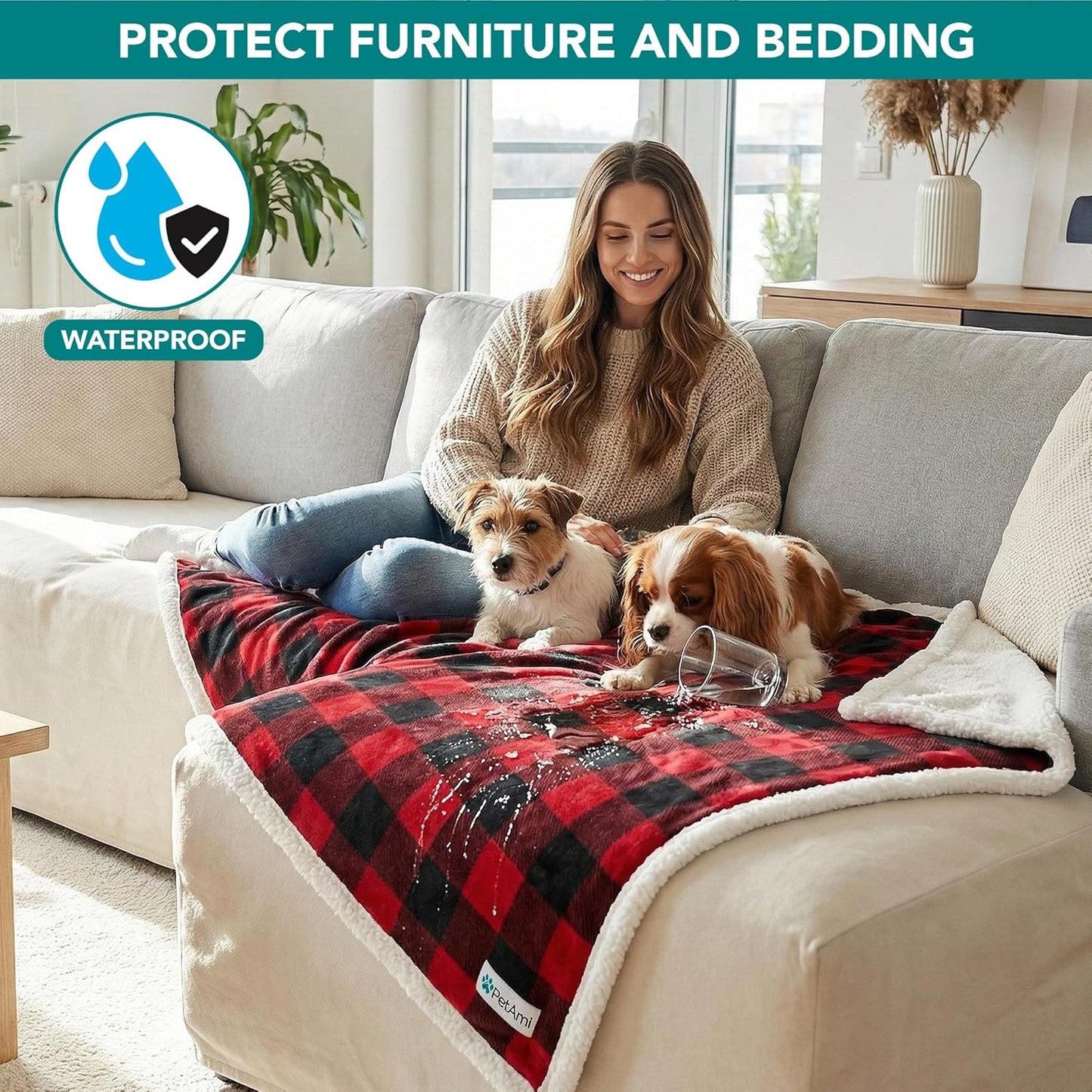 Waterproof Dog Blanket for Couch, Extra Large 80X60, Pee Proof Sherpa Fleece Reversible Pet Throw, Furniture Protector for Bed Sofa Crate Kennel, Soft Washable Cover for Dog Cat, Plaid Red