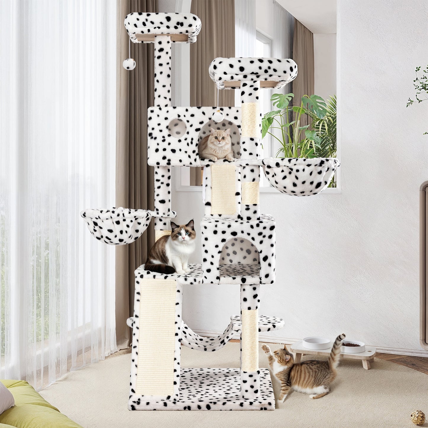 65.7" Large Cat Tree and Tower Condo for Indoor Cats with 2 Scratching Boards, Hammock & Post, White & Black Spot