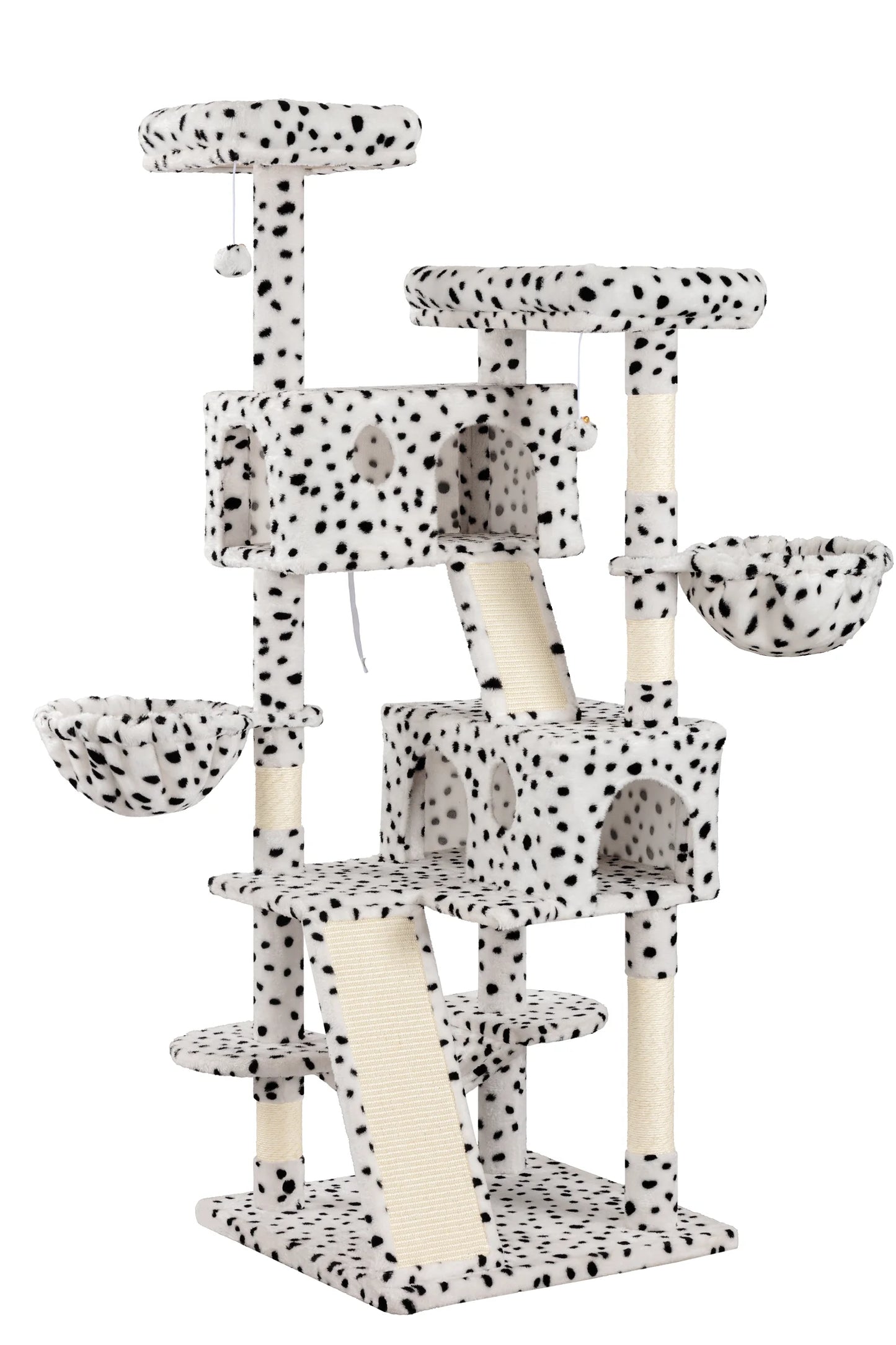 65.7" Large Cat Tree and Tower Condo for Indoor Cats with 2 Scratching Boards, Hammock & Post, White & Black Spot