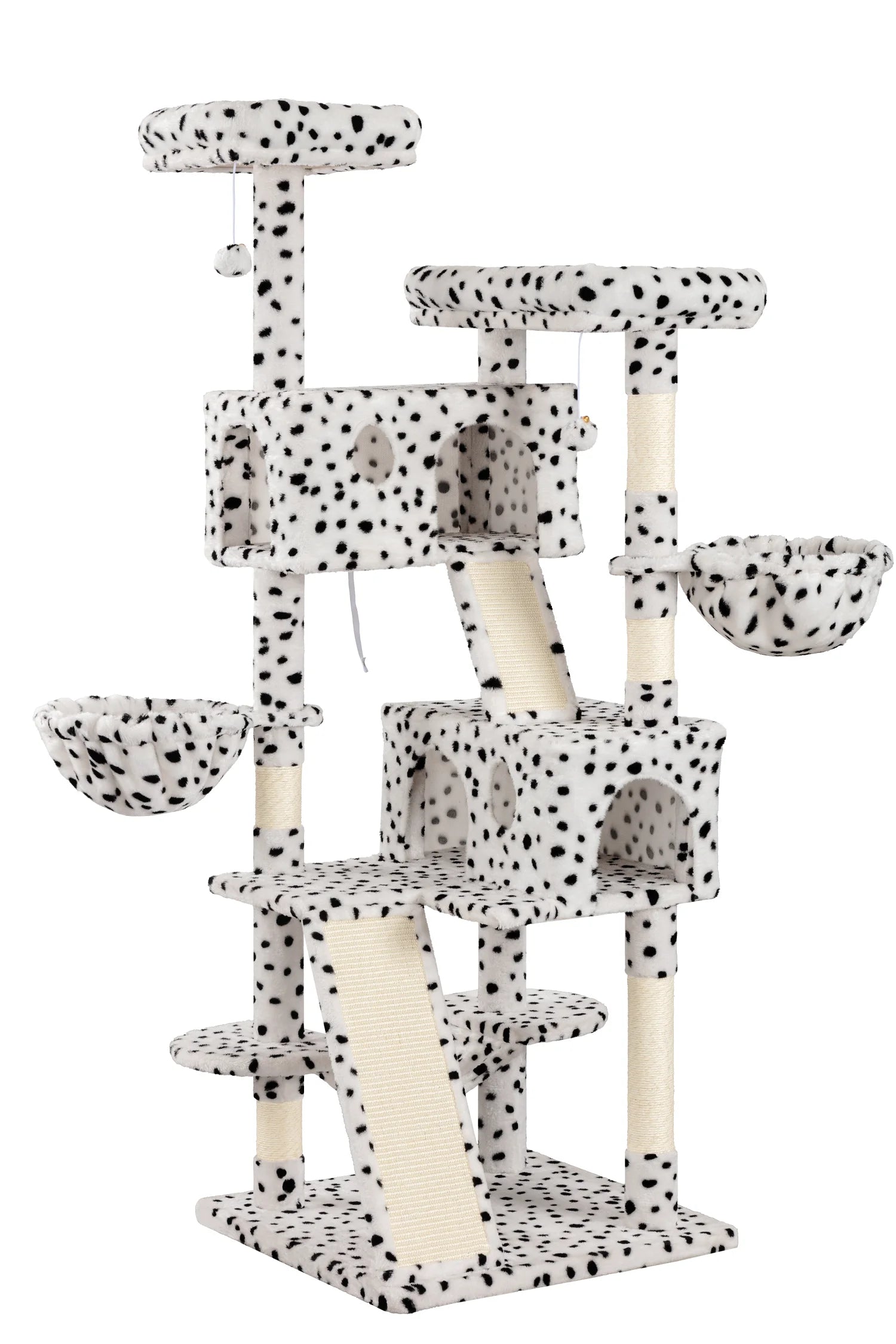 65.7" Large Cat Tree and Tower Condo for Indoor Cats with 2 Scratching Boards, Hammock & Post, White & Black Spot