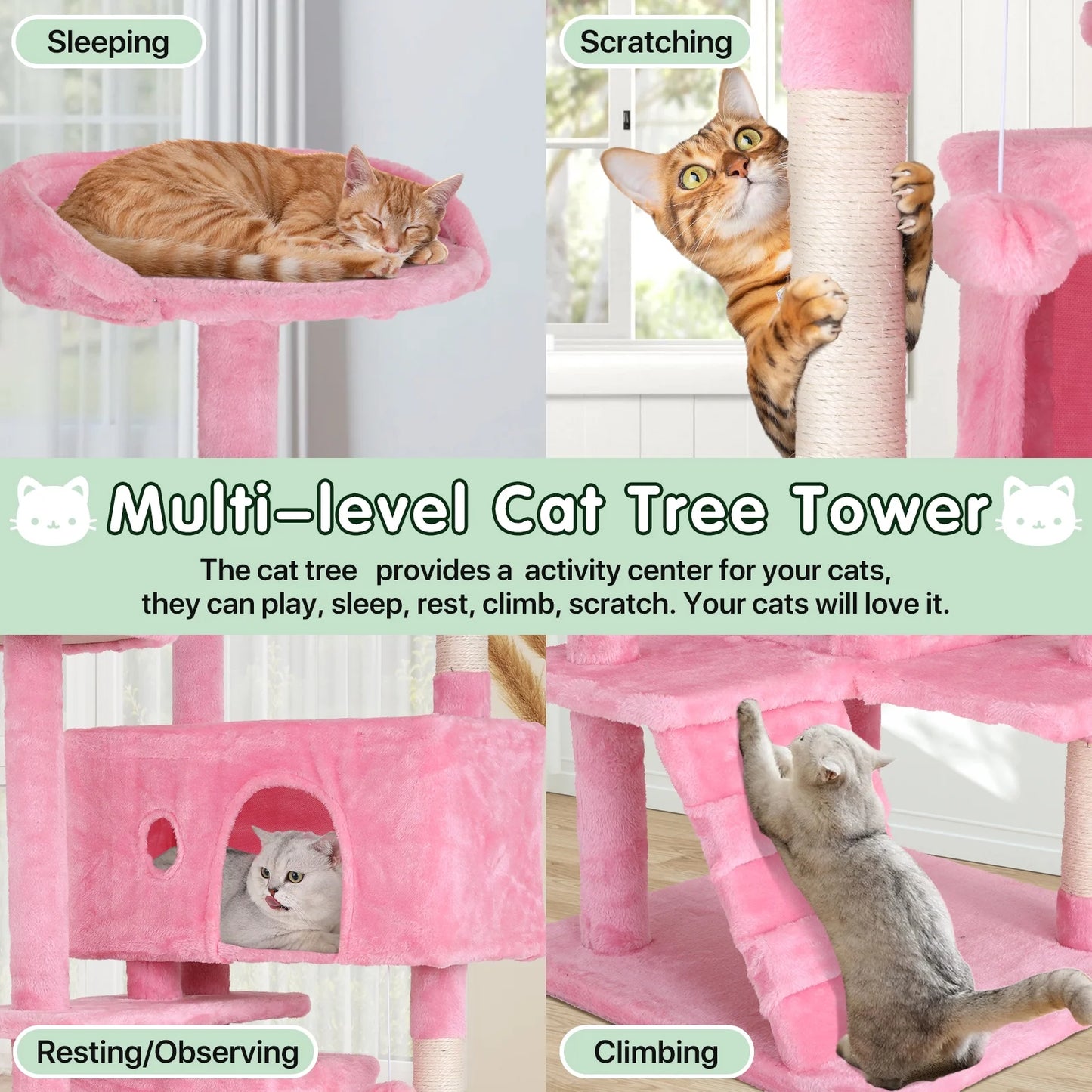70" Cat Tree Cat Condo Cat Trees and Towers Multi-Level Activity Center Cat Playhouse with Sisal Scratching Posts & Perch for Kittens, Easy to Assemble, Pink