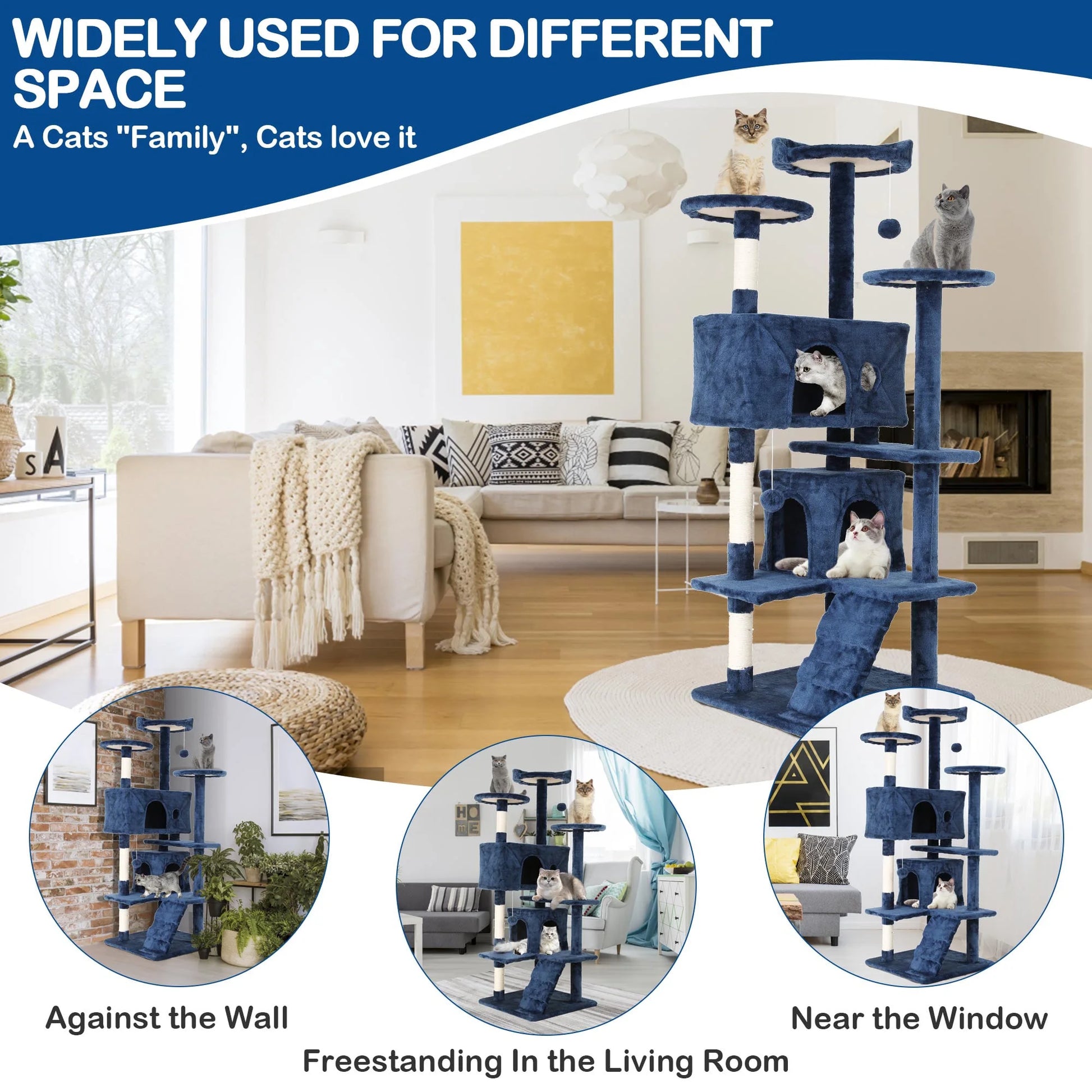 54In Cat Tree Tower for Large Cats, Cat Climbing Tower Cat Scratching Tree with Cat Scratching Stand, Big Cat Tree House Funny Toys for Kittens Pet(Navy Blue)