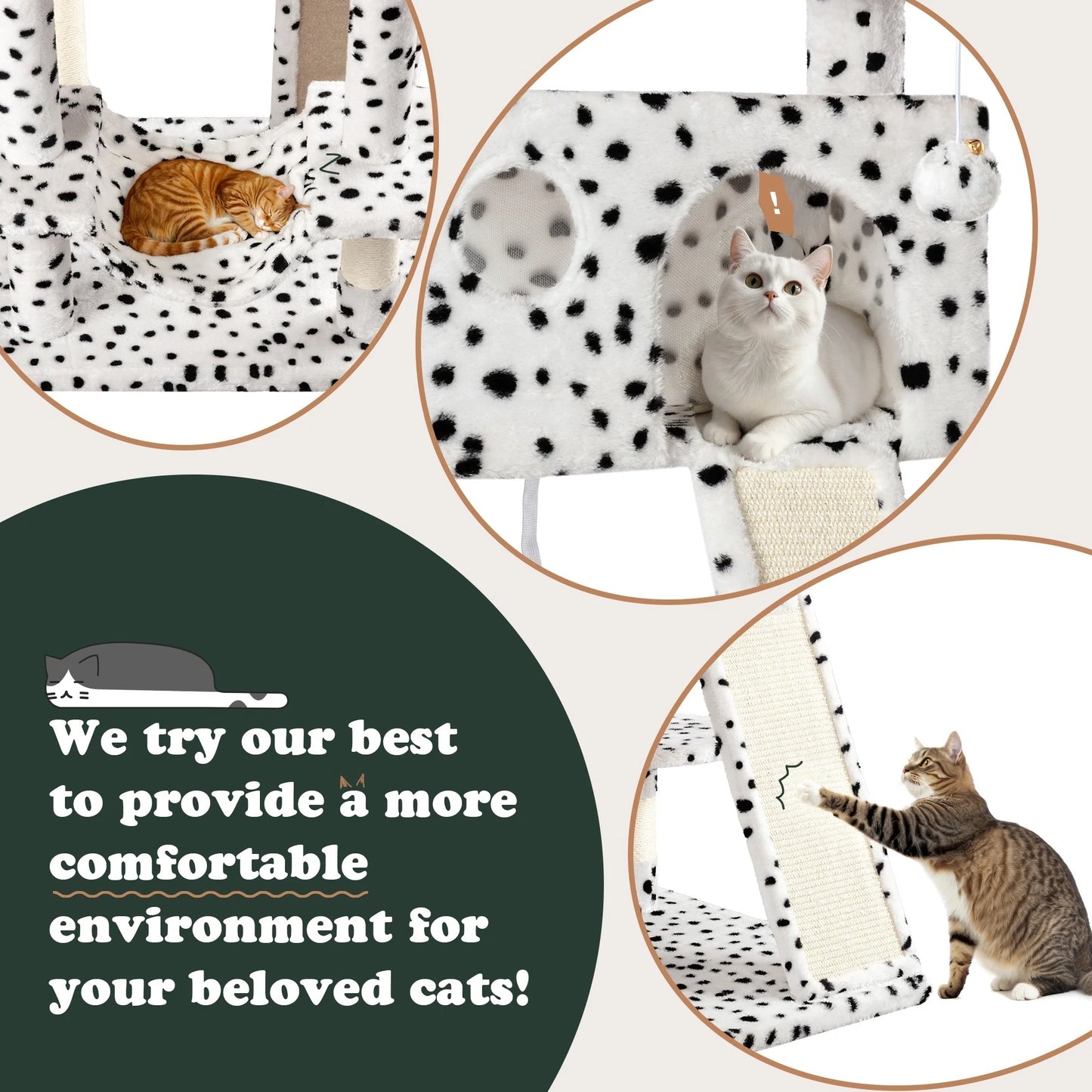 65.7" Large Cat Tree and Tower Condo for Indoor Cats with 2 Scratching Boards, Hammock & Post, White & Black Spot