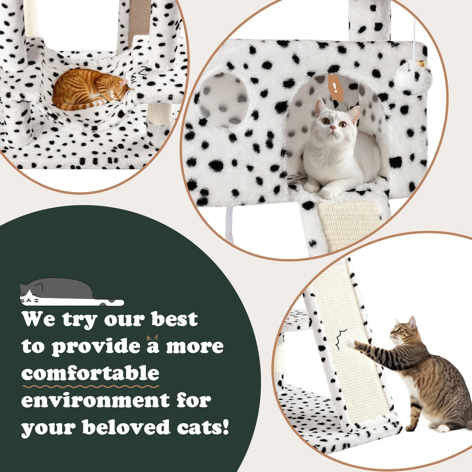 65.7" Large Cat Tree and Tower Condo for Indoor Cats with 2 Scratching Boards, Hammock & Post, White & Black Spot