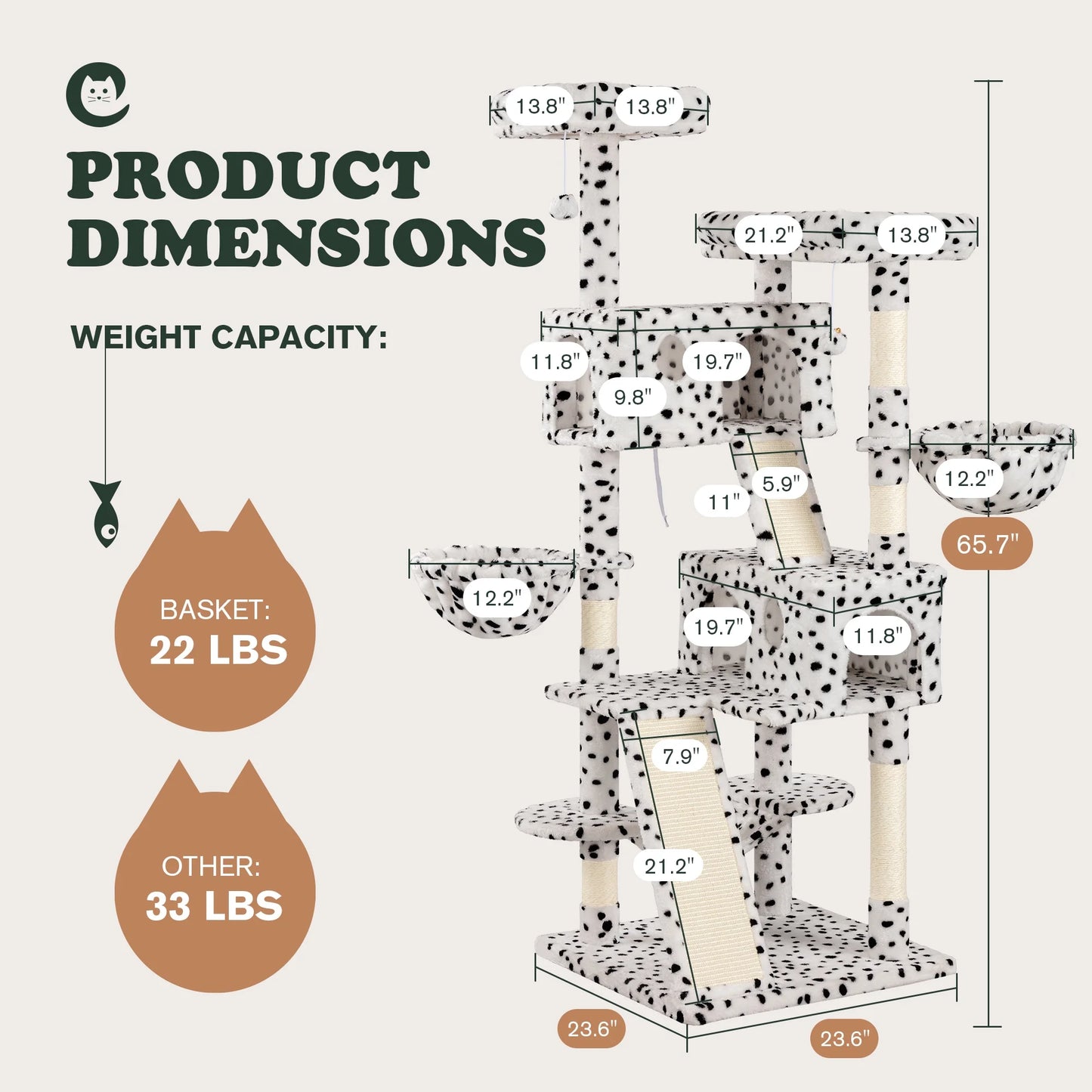 65.7" Large Cat Tree and Tower Condo for Indoor Cats with 2 Scratching Boards, Hammock & Post, White & Black Spot