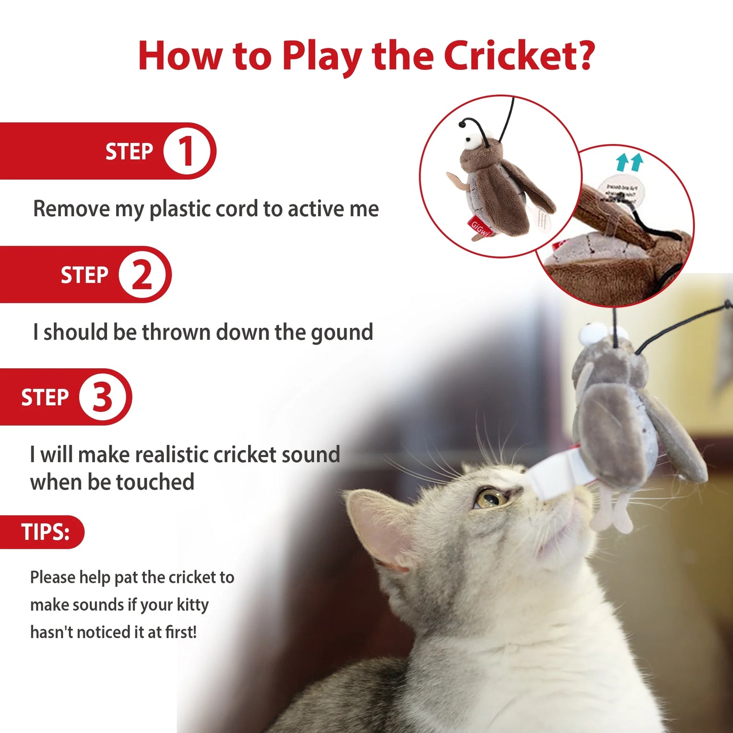 Gigwi Interactive Cricket Cat Toy, Automatic Cricket Squeaky Cat Toys, Play and Squeak Electronic Cricket Toy for Cats Kitten Indoor