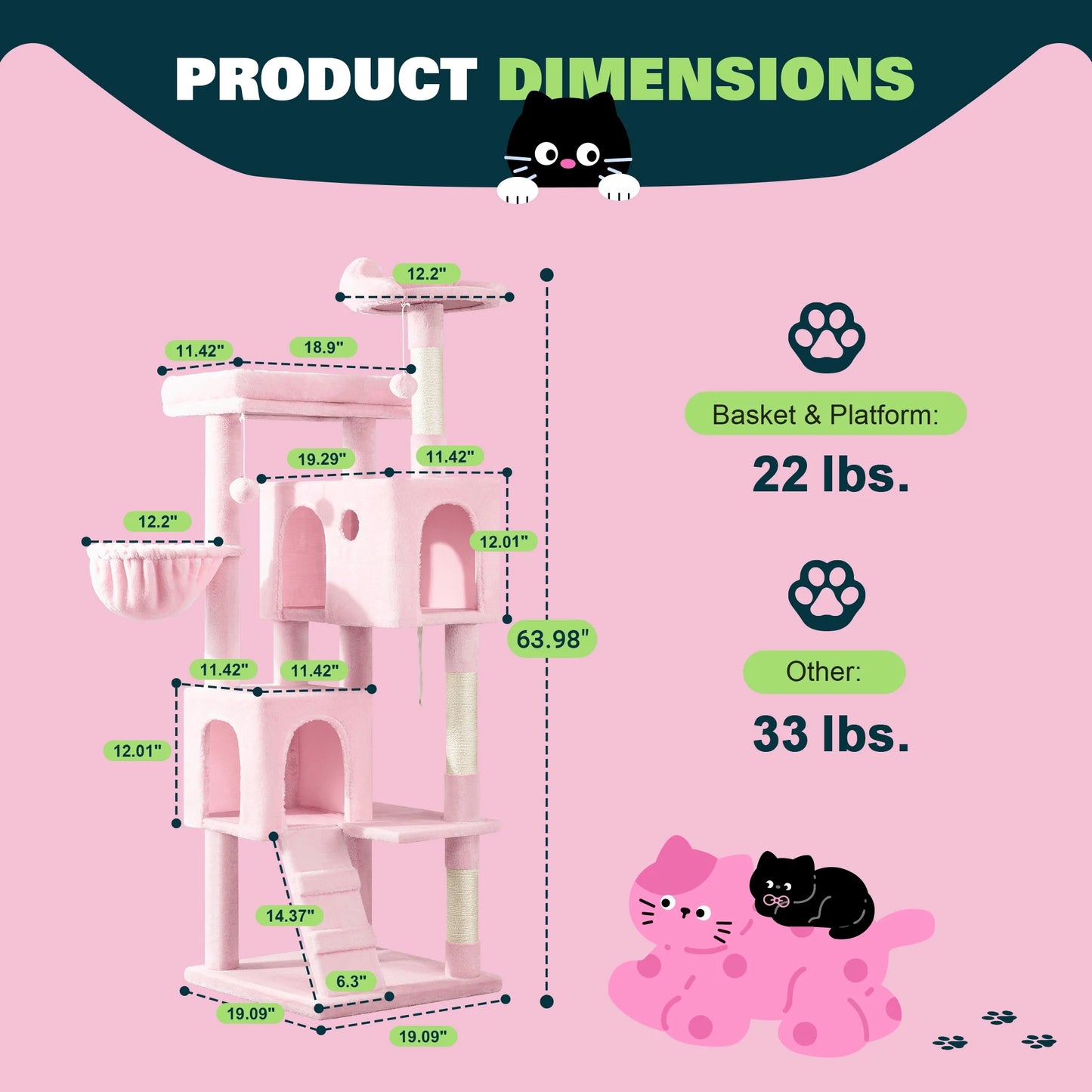 64" Large Cat Tree and Tower with Stair, Condo House & Scratching Posts for Indoor Cats, Pink