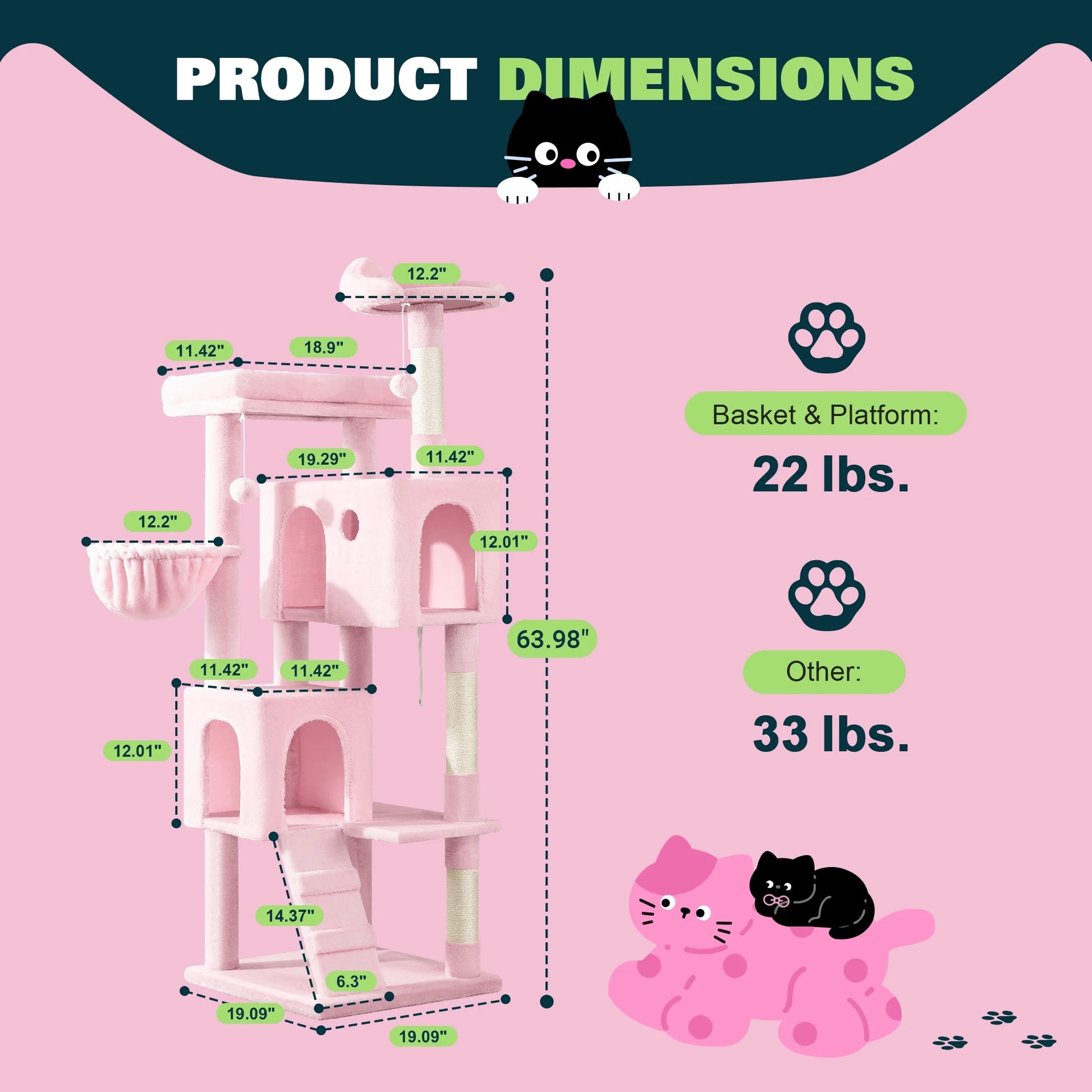 64" Large Cat Tree and Tower with Stair, Condo House & Scratching Posts for Indoor Cats, Pink