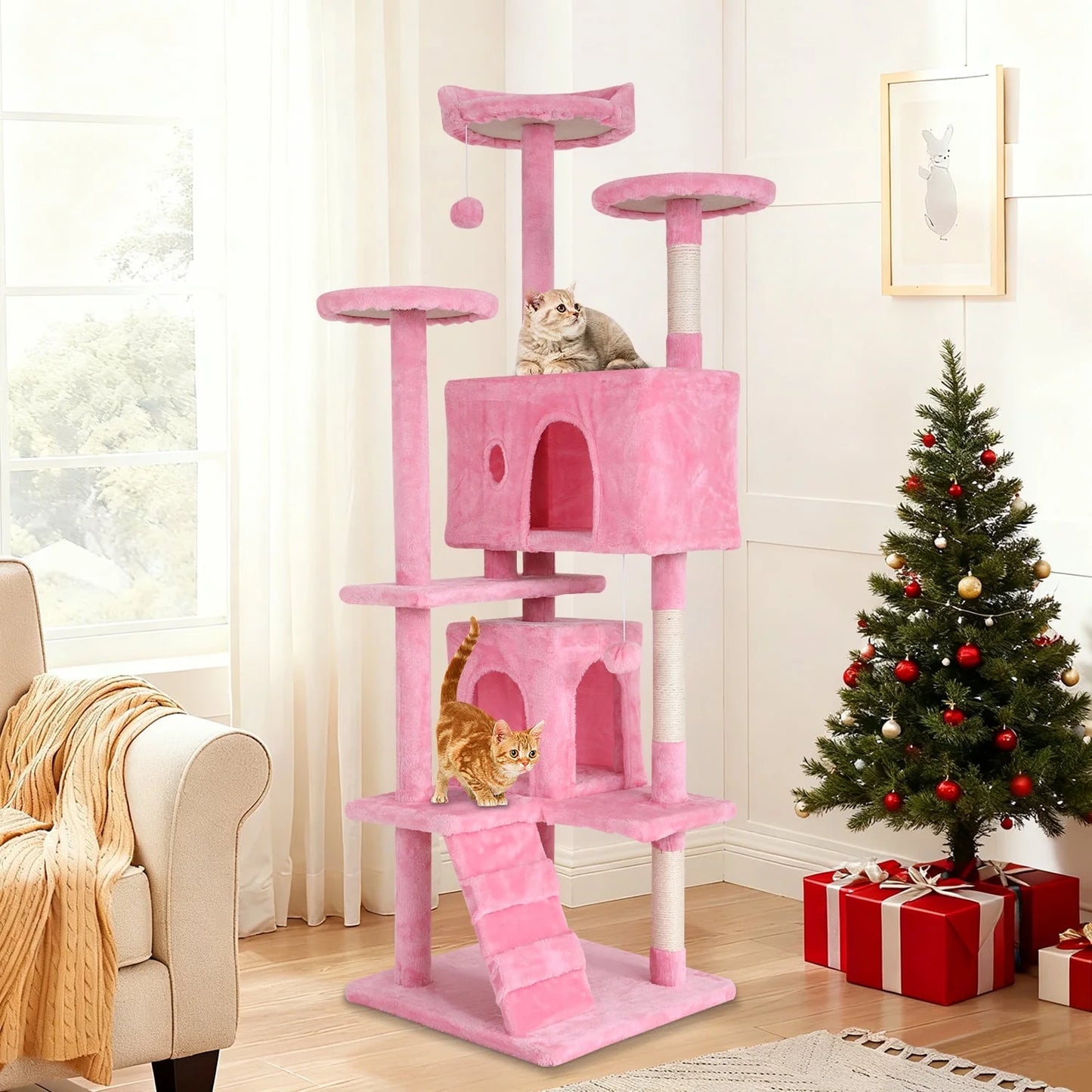 70" Cat Tree Cat Condo Cat Trees and Towers Multi-Level Activity Center Cat Playhouse with Sisal Scratching Posts & Perch for Kittens, Easy to Assemble, Pink