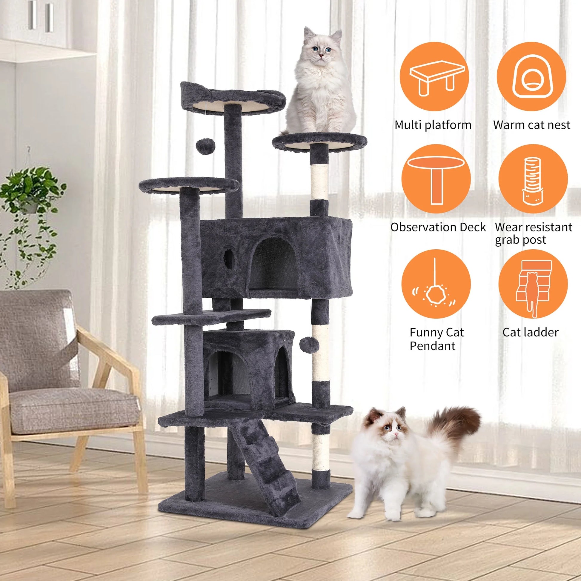 54 Inch Cat Trees and Towers for Indoor Cats, Cat Condo Scratching Post for Adult Cats, Multi-Level Cat Towers for Small Cats, Ashy