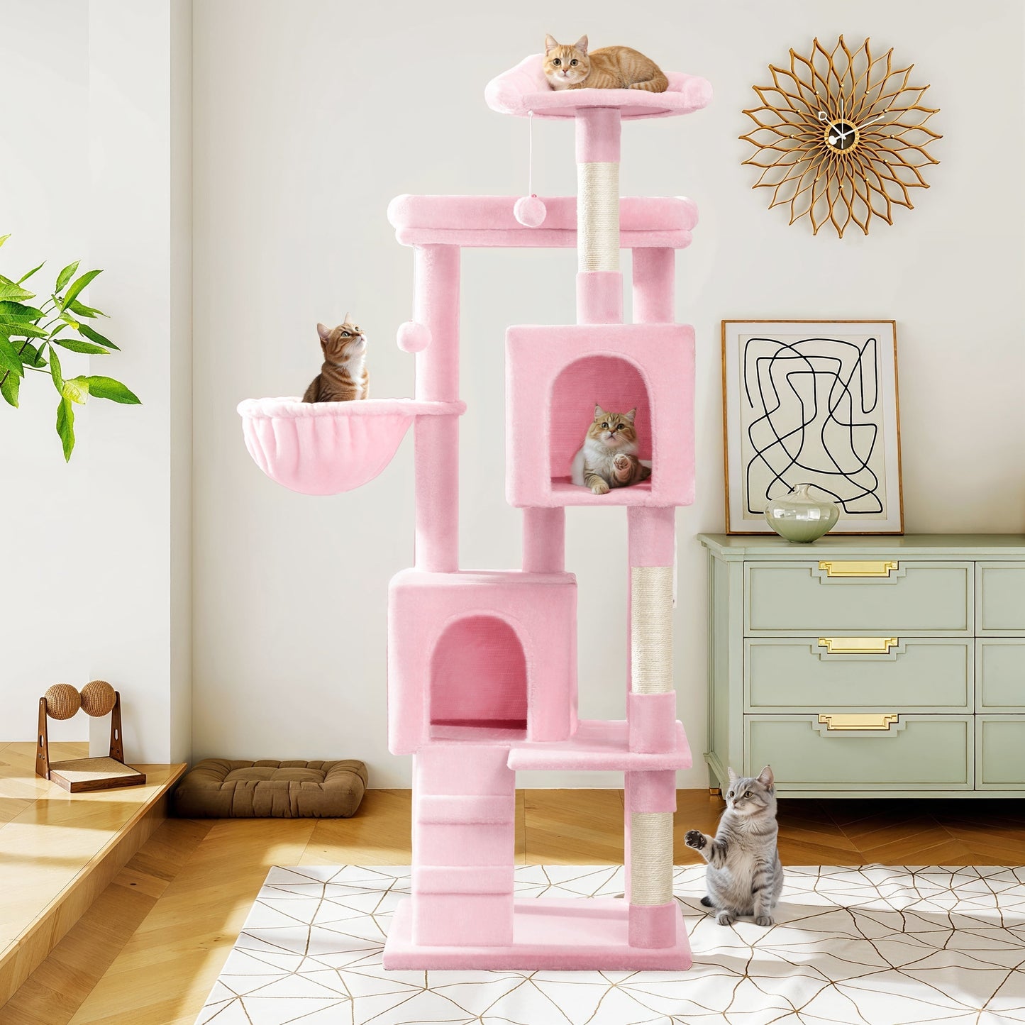 64" Large Cat Tree and Tower with Stair, Condo House & Scratching Posts for Indoor Cats, Pink