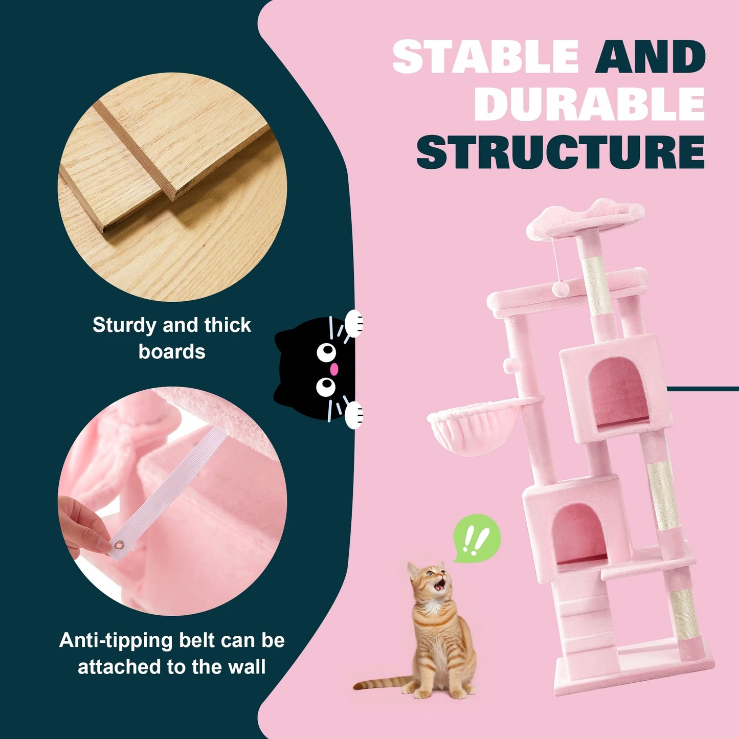 64" Large Cat Tree and Tower with Stair, Condo House & Scratching Posts for Indoor Cats, Pink