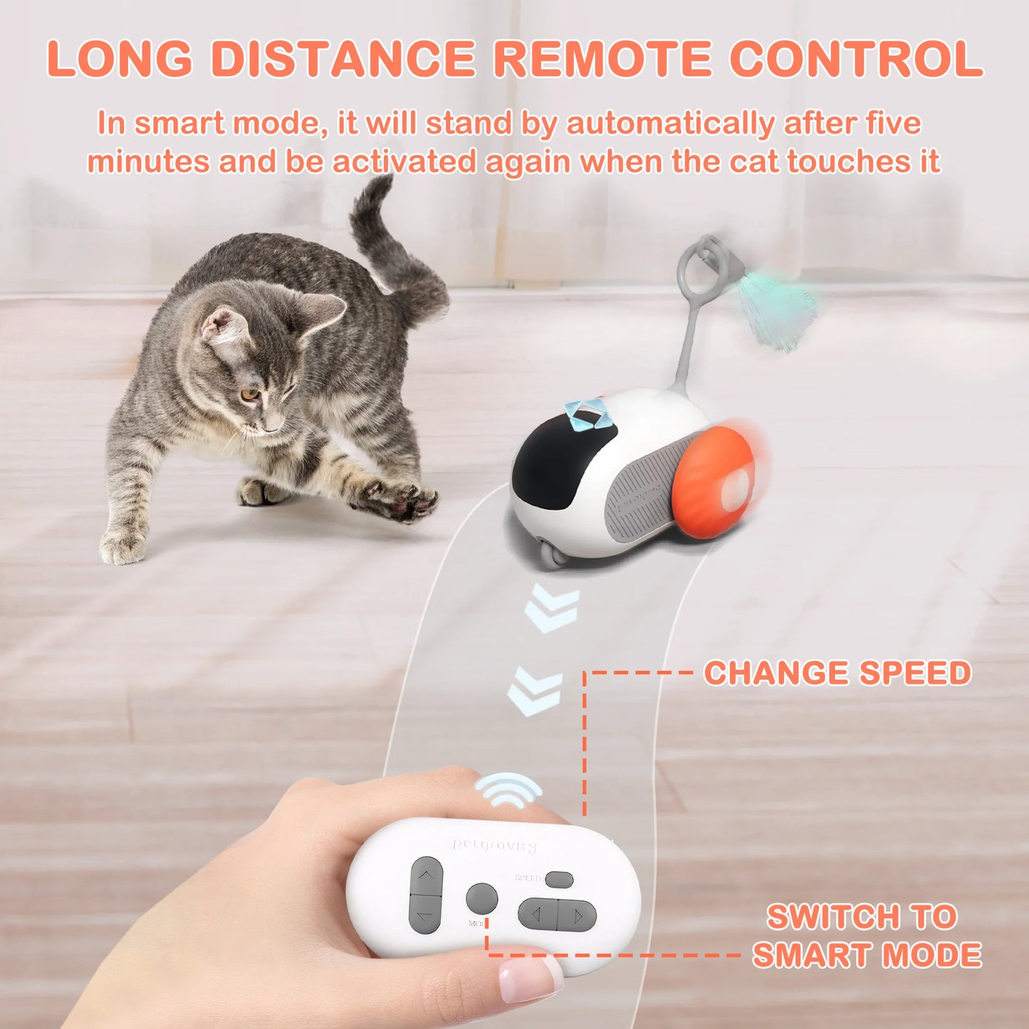 Interactive Cat Toys for Indoor Cats 2-Speed Automatic Moving Remote Control Smart Cat Rechargeable Toy with Feathers, Orange