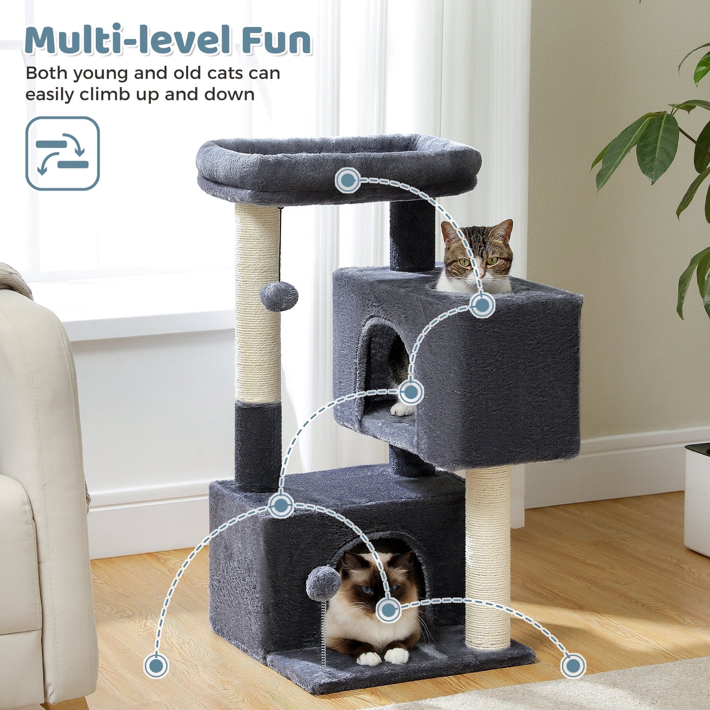 31.5" Modern Cat Tree Tower with Dual Large Condos for Kitten ＆ Medium Size Cat Dark Gray