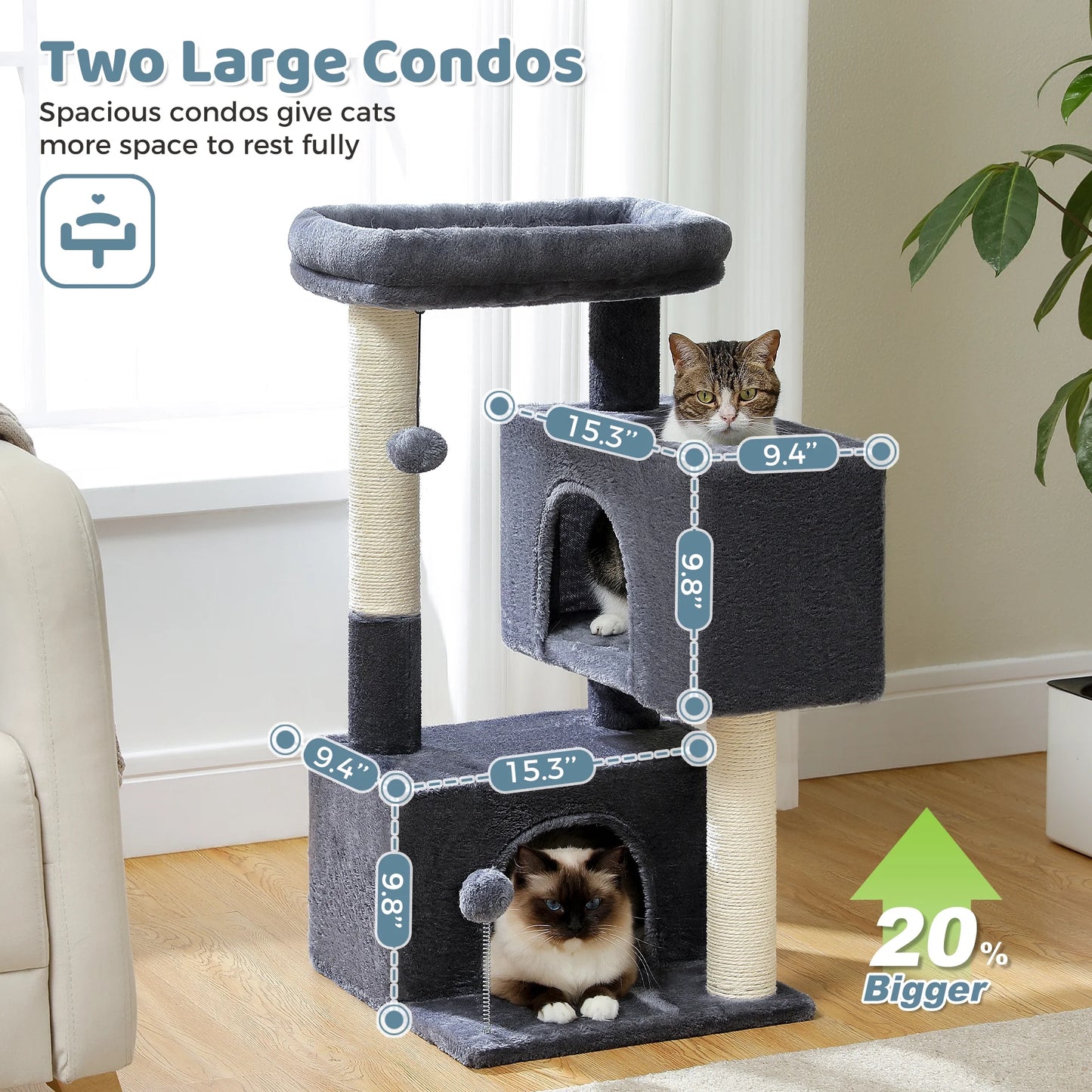 31.5" Modern Cat Tree Tower with Dual Large Condos for Kitten ＆ Medium Size Cat Dark Gray