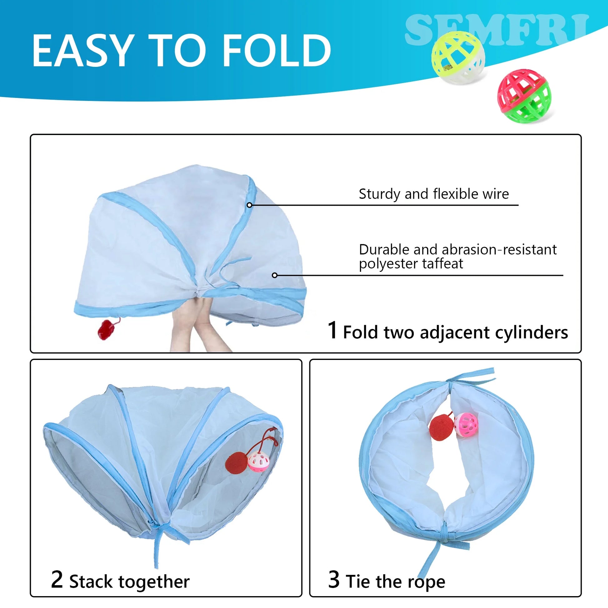 21PCS Cat Toy Set: Folding Tunnel, Feather Teaser & Crinkle Balls for Kittens/Puppies (Greyish Blue)