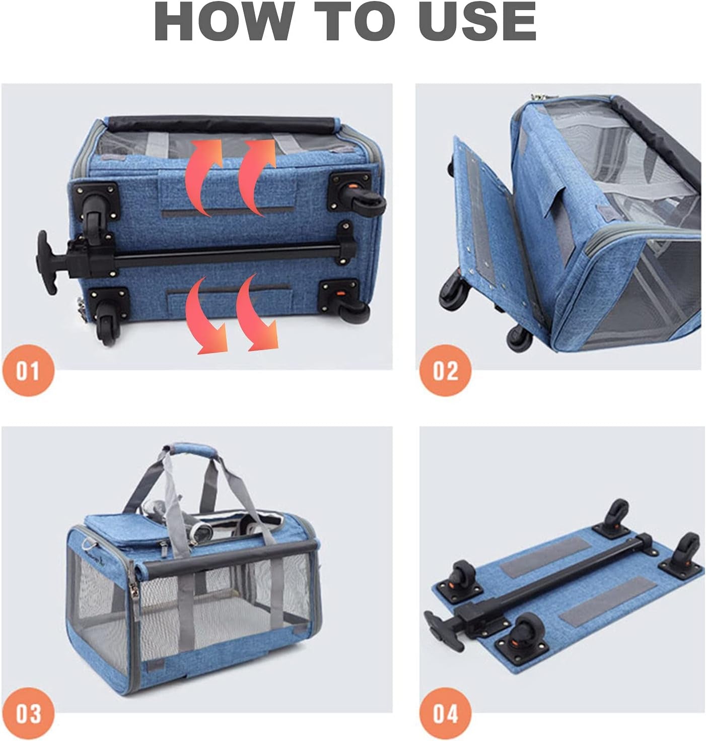 Cat Wheel Carrier, Dog Carrier with Durable Mesh Panels, Pet Carrier with Telescopic Walking Handle,Easy to Fold (Blue, without Storage Bag)