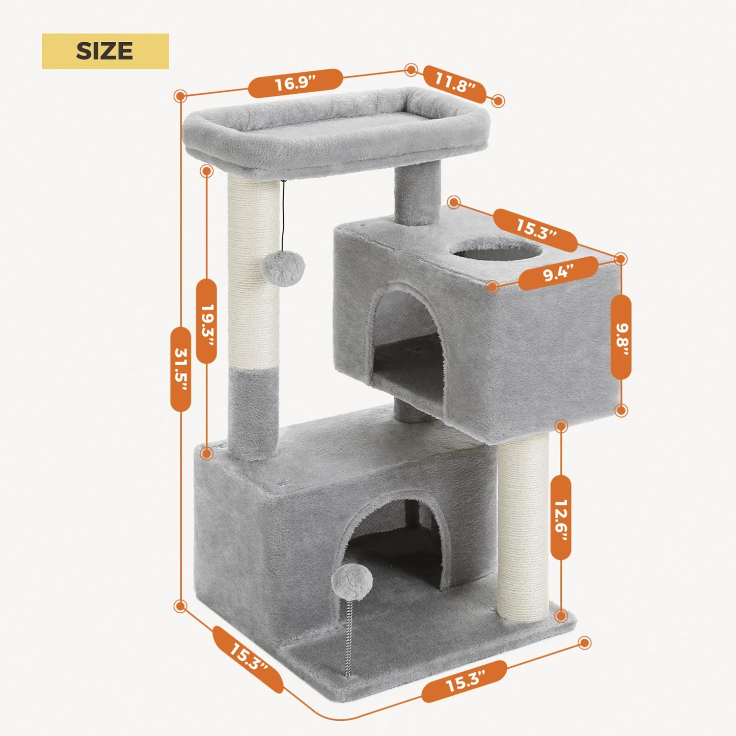 31.5" Modern Cat Tree Tower with Dual Large Condos for Kitten ＆ Medium Size Cat Gray
