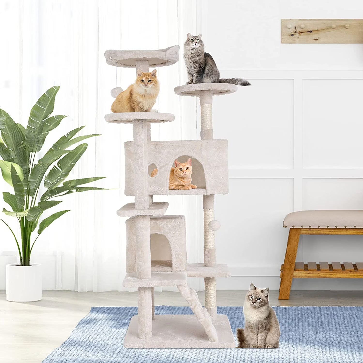 54In Kitten Activity House with Cat Scratching Posts Stand House Cat Condo with Funny Toys Beige
