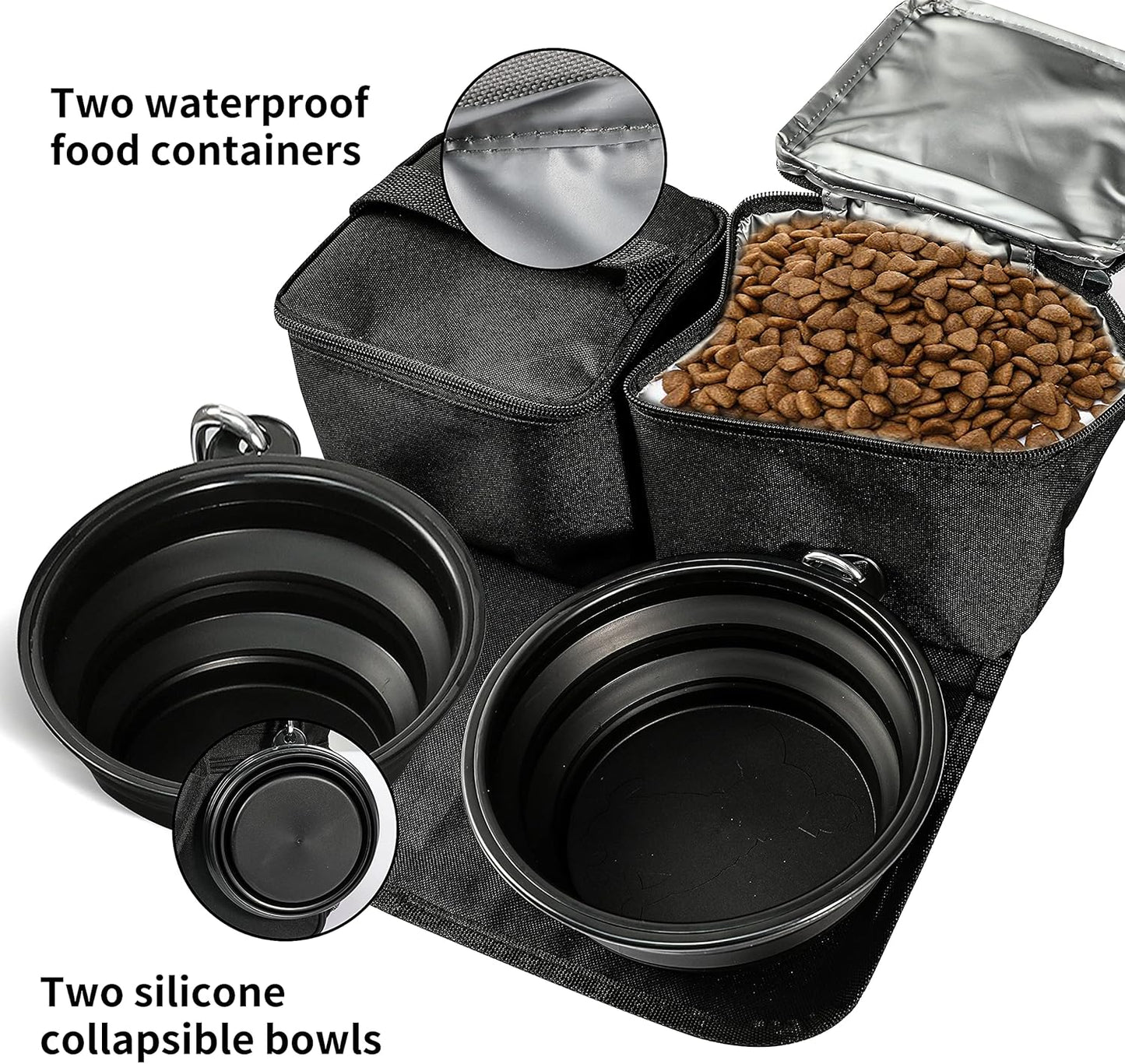 Pet Travel Bag Weekend Dog Travel Set for Dog Cat Airline Approved Tote Organizer with Multi-Function Pockets and Two Silicone Collapsible Bowls (Black)