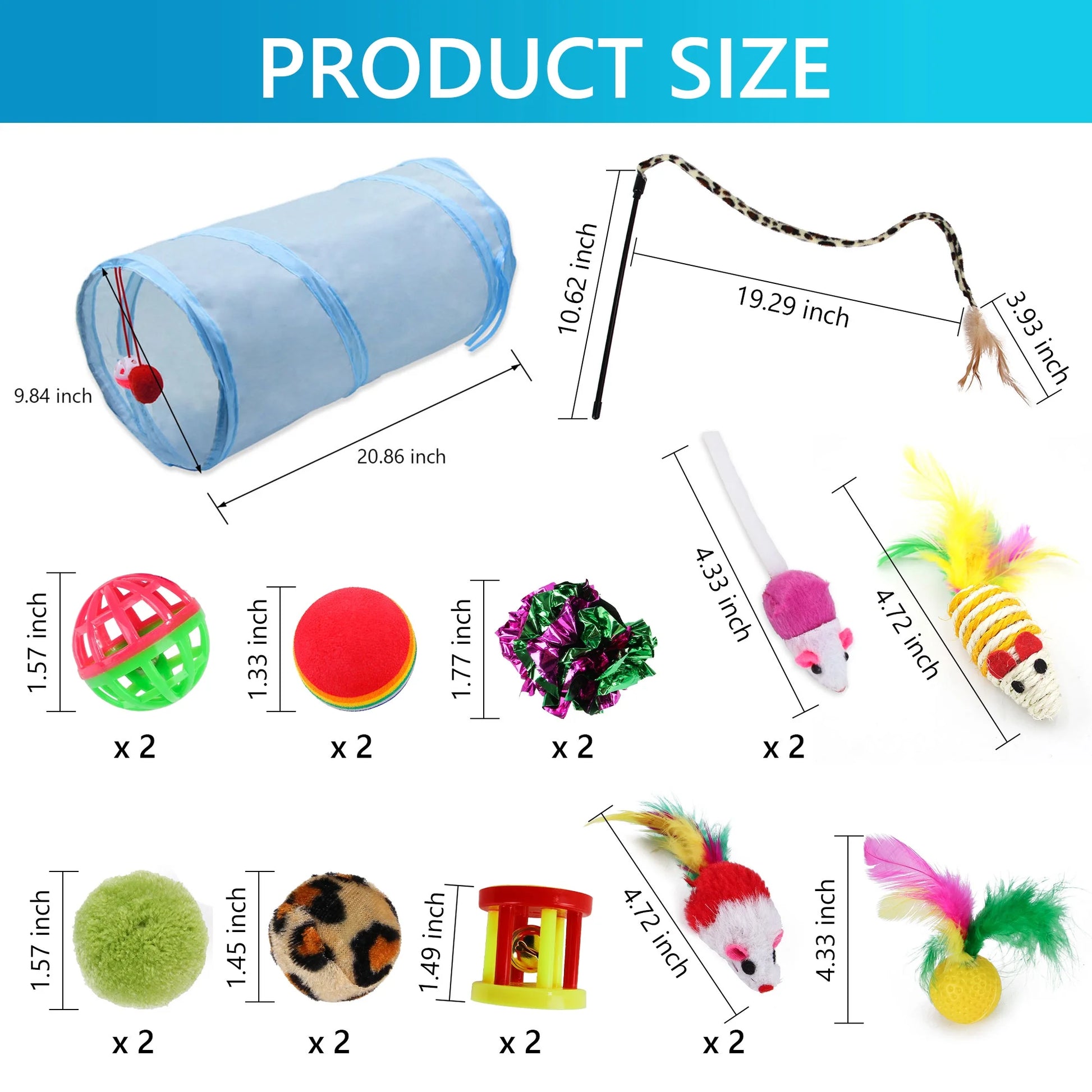 21PCS Cat Toy Set: Folding Tunnel, Feather Teaser & Crinkle Balls for Kittens/Puppies (Greyish Blue)