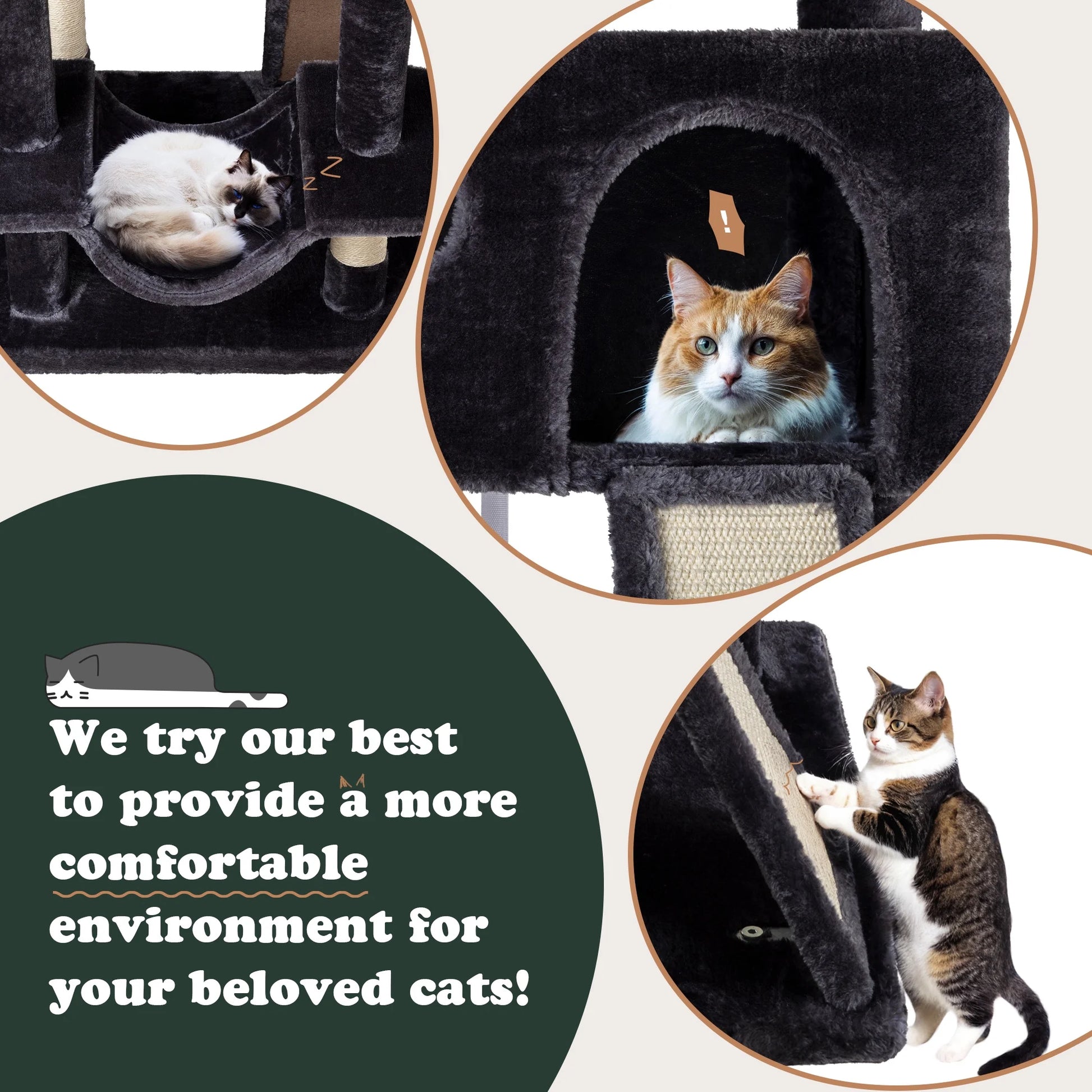 65.7" Large Cat Tree and Tower Condo for Cats with 2 Scratching Boards, Hammock & Post, Dark Blue