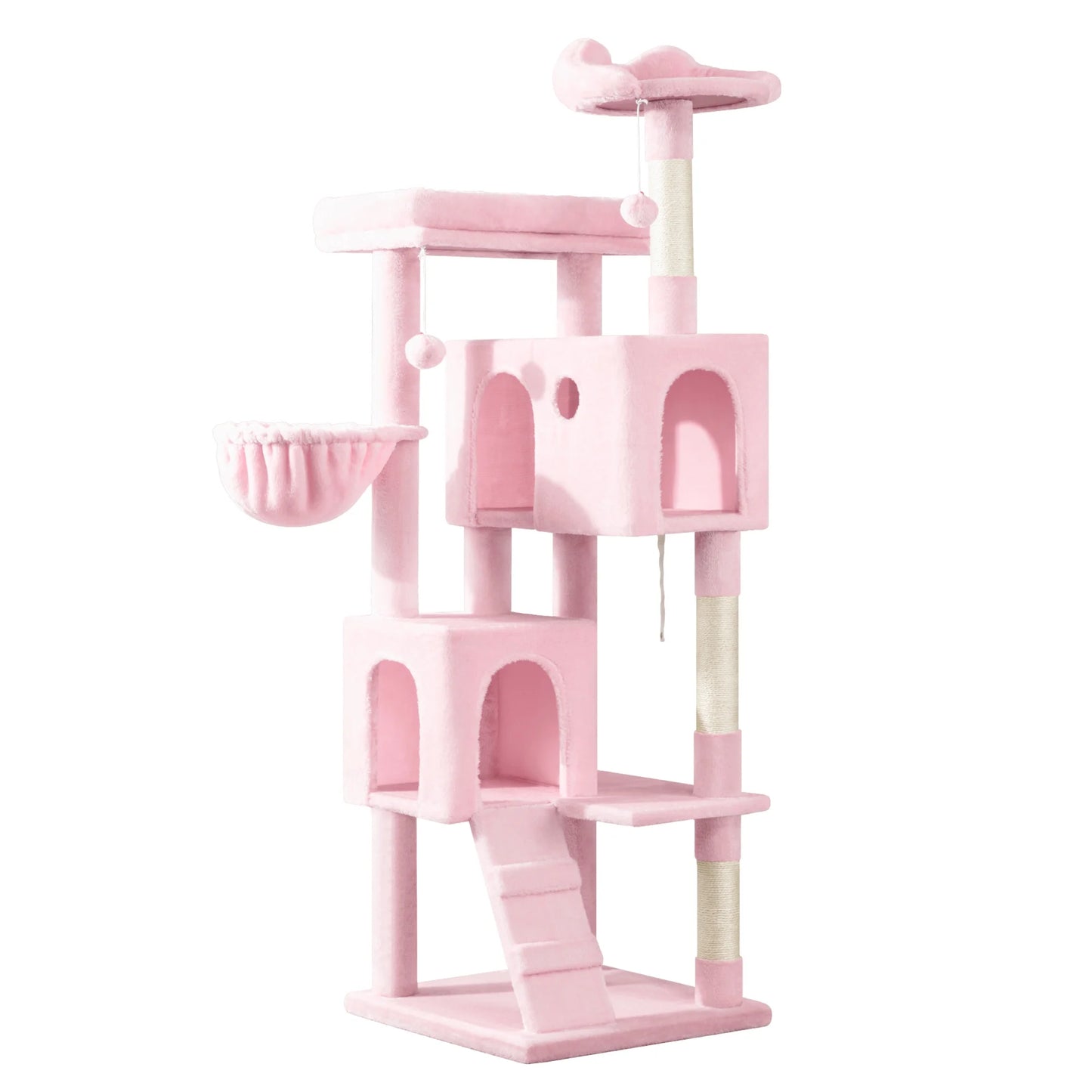 64" Large Cat Tree and Tower with Stair, Condo House & Scratching Posts for Indoor Cats, Pink