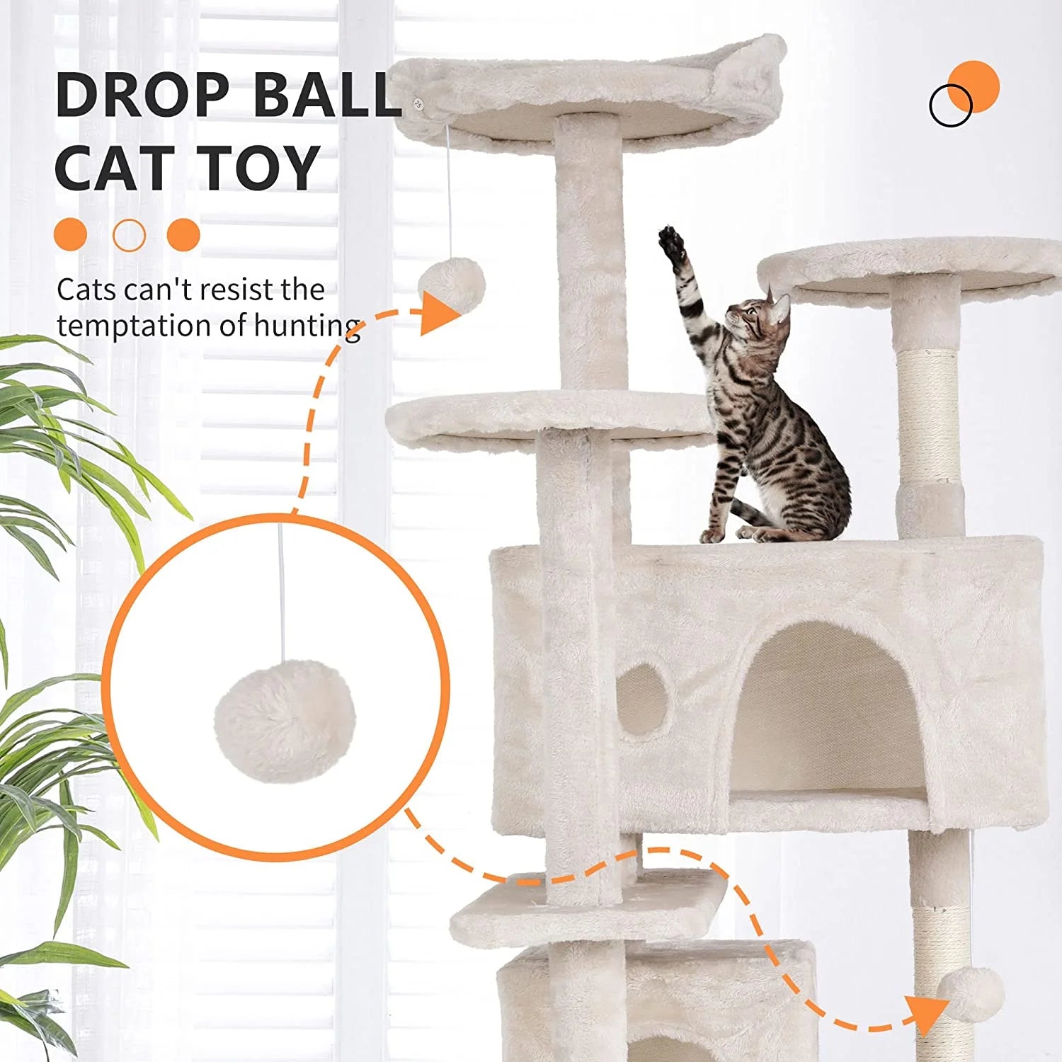 54In Kitten Activity House with Cat Scratching Posts Stand House Cat Condo with Funny Toys Beige