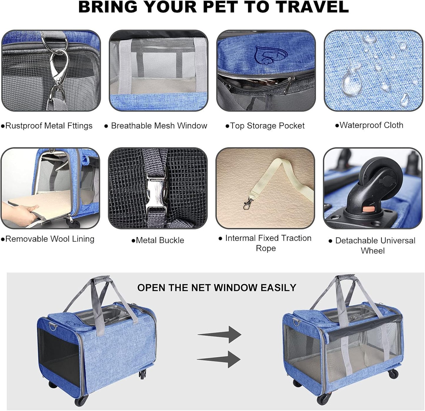 Cat Wheel Carrier, Dog Carrier with Durable Mesh Panels, Pet Carrier with Telescopic Walking Handle,Easy to Fold (Blue, without Storage Bag)