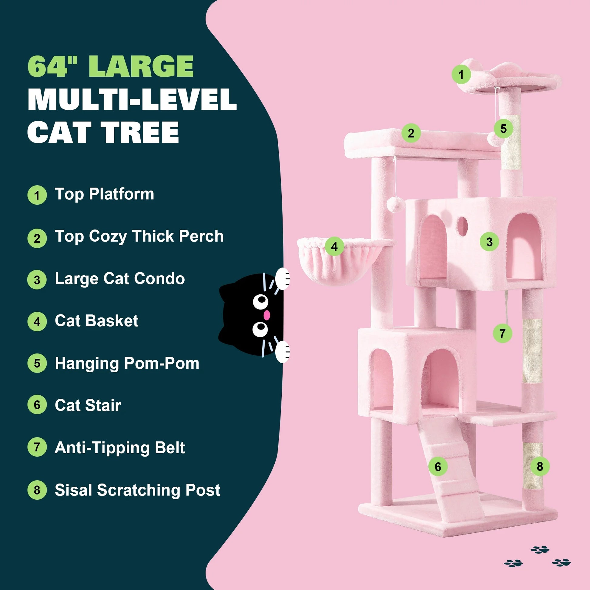 64" Large Cat Tree and Tower with Stair, Condo House & Scratching Posts for Indoor Cats, Pink