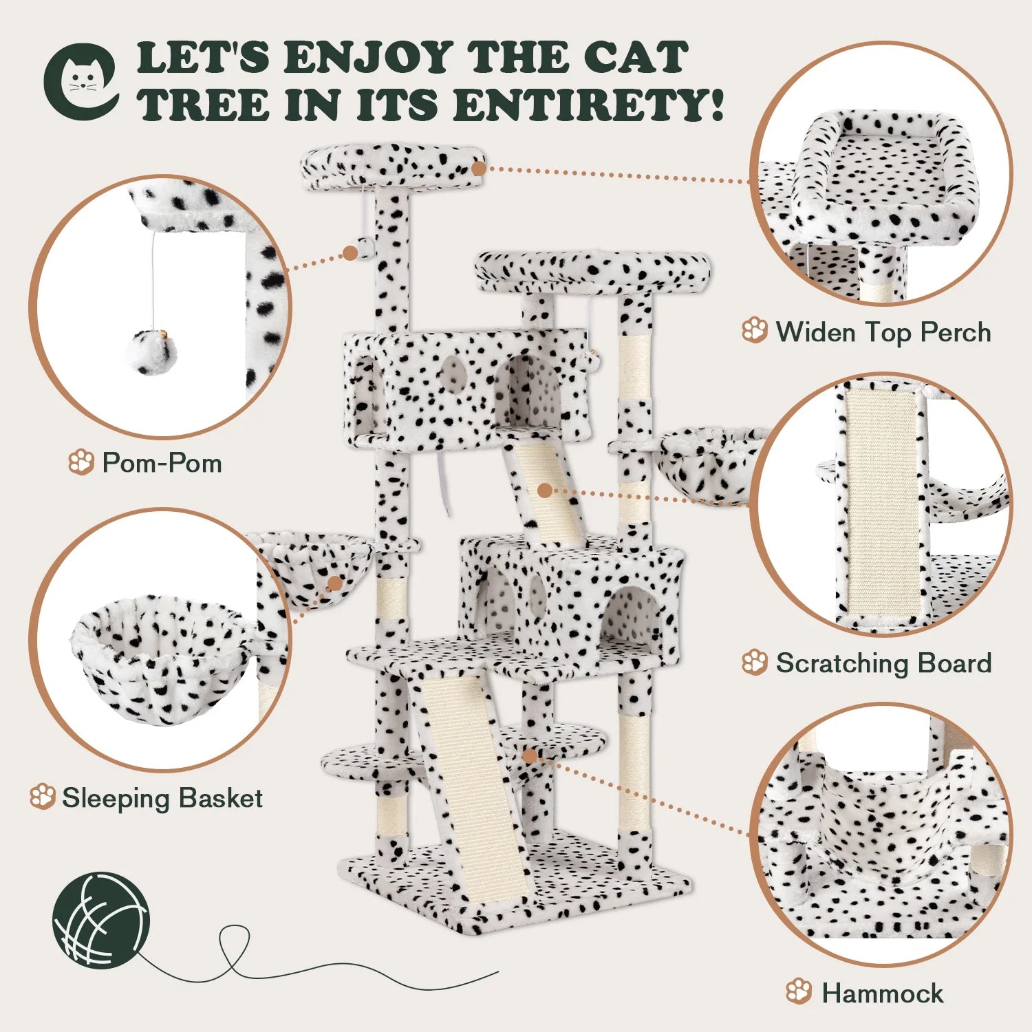 65.7" Large Cat Tree and Tower Condo for Indoor Cats with 2 Scratching Boards, Hammock & Post, White & Black Spot