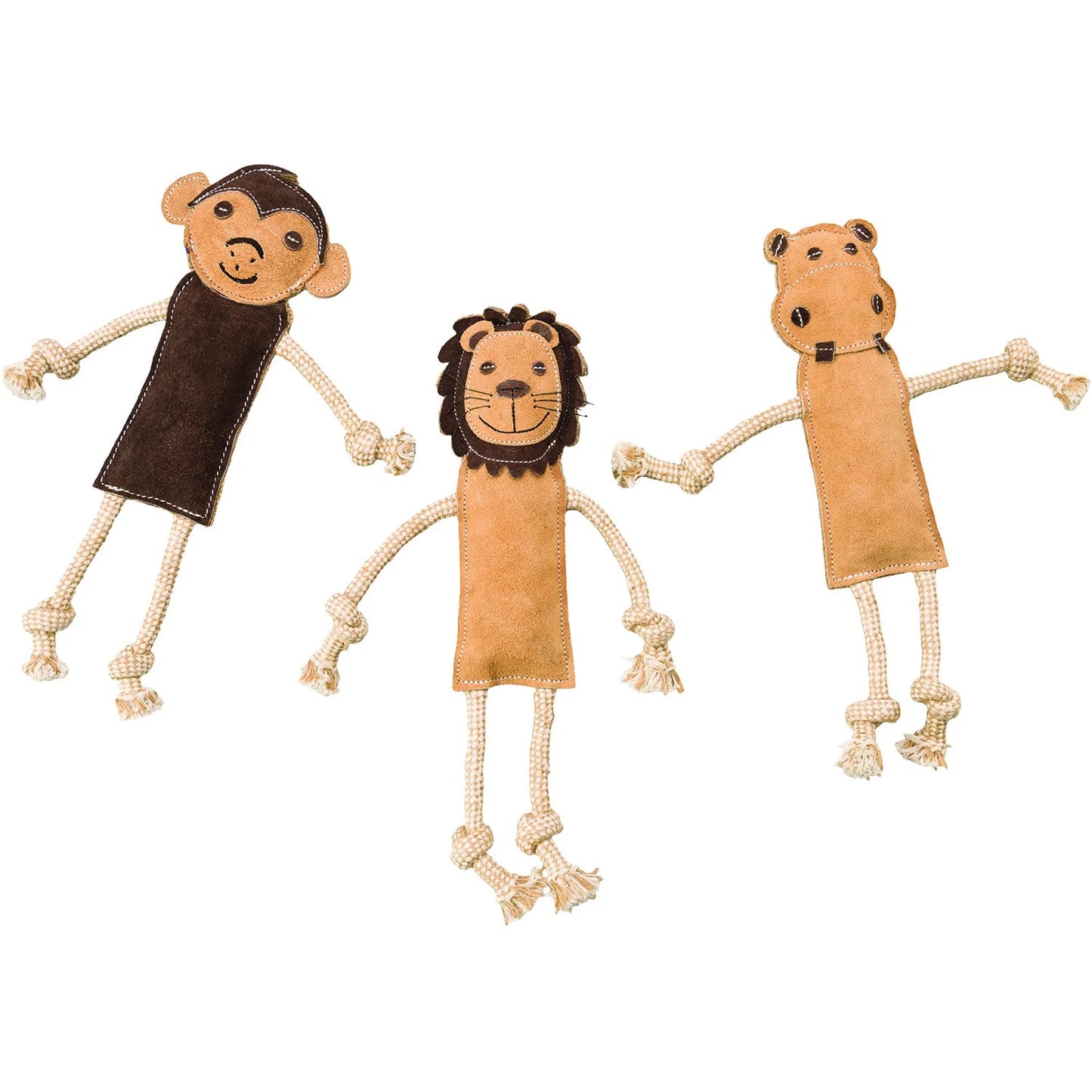 Leather Dog Toys – Dura-Fused Jungle Animals with Squeakers and Rope Limbs, No-Stuffing, for Light to Moderate Chewers, 14In, 1 Piece