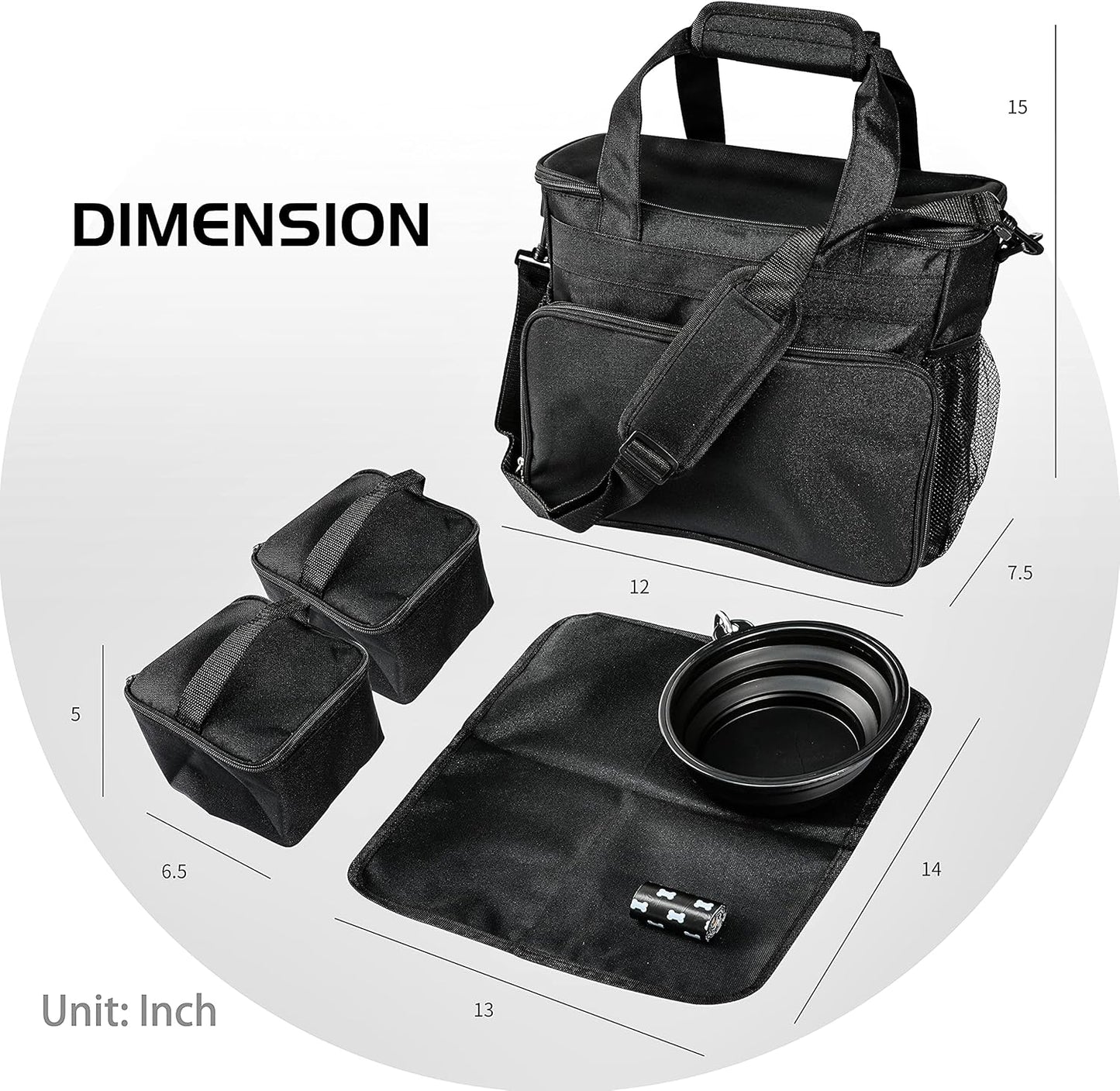 Pet Travel Bag Weekend Dog Travel Set for Dog Cat Airline Approved Tote Organizer with Multi-Function Pockets and Two Silicone Collapsible Bowls (Black)