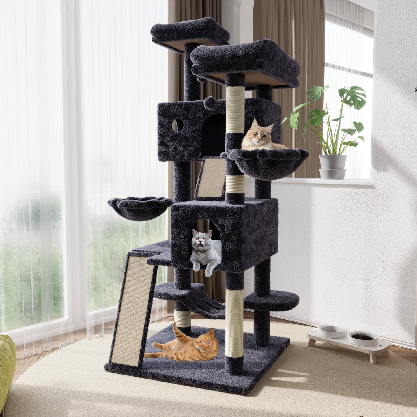 65.7" Large Cat Tree and Tower Condo for Cats with 2 Scratching Boards, Hammock & Post, Dark Blue