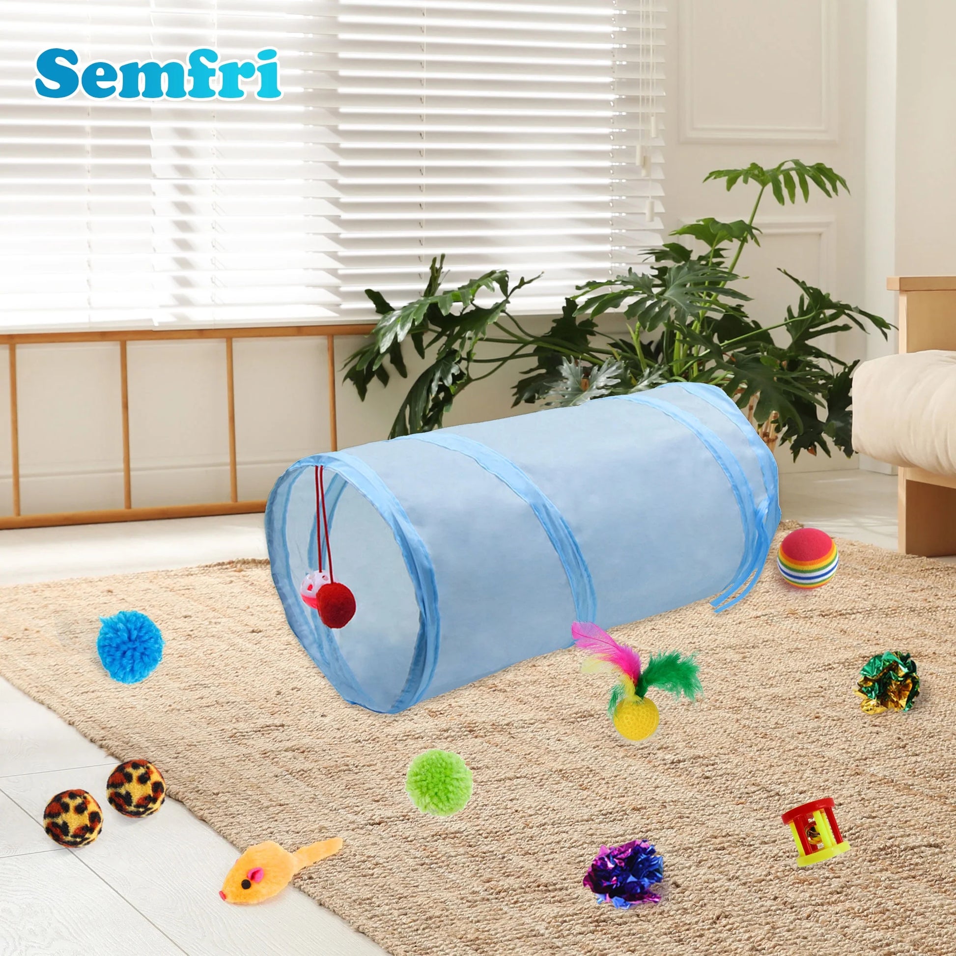 21PCS Cat Toy Set: Folding Tunnel, Feather Teaser & Crinkle Balls for Kittens/Puppies (Greyish Blue)