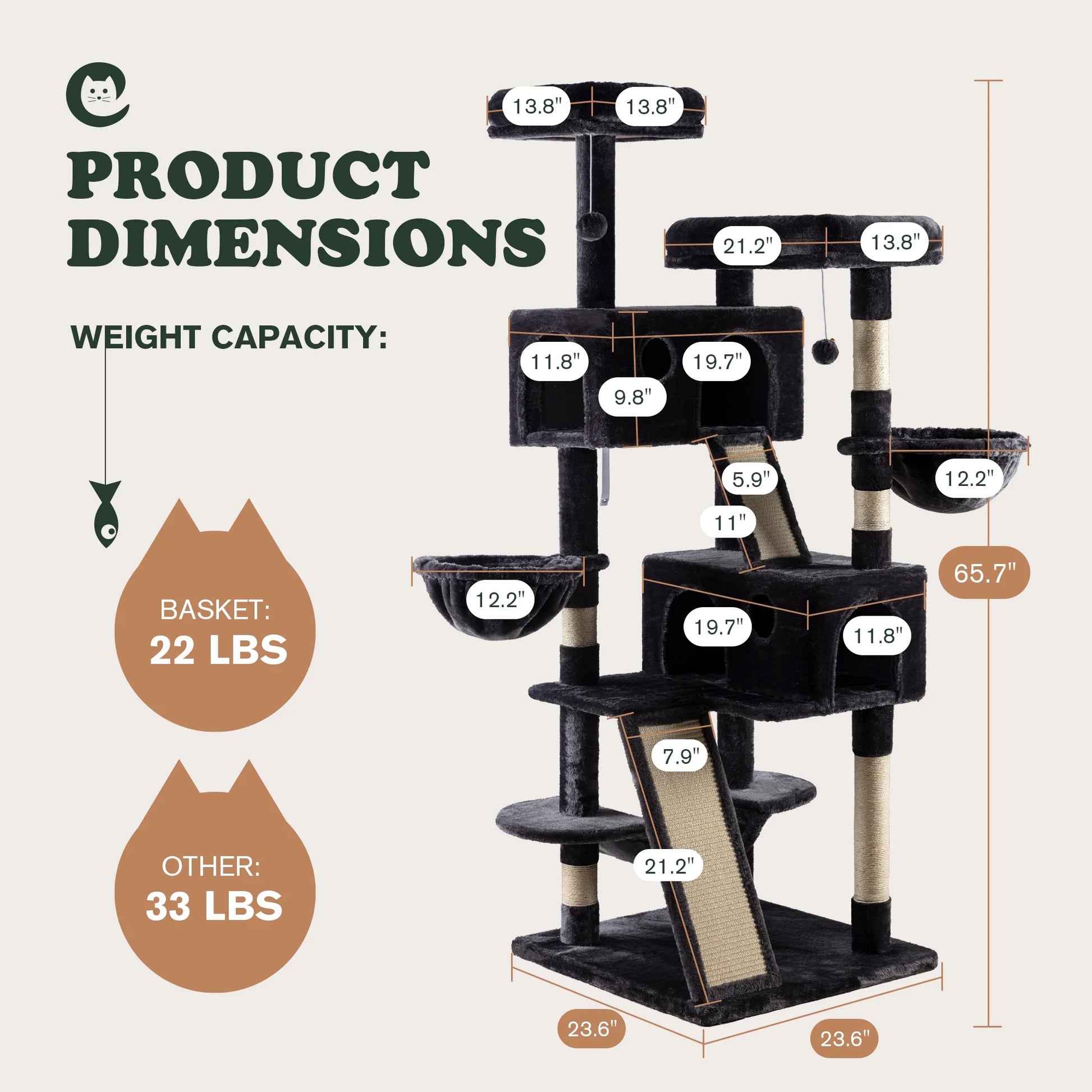 65.7" Large Cat Tree and Tower Condo for Cats with 2 Scratching Boards, Hammock & Post, Dark Blue