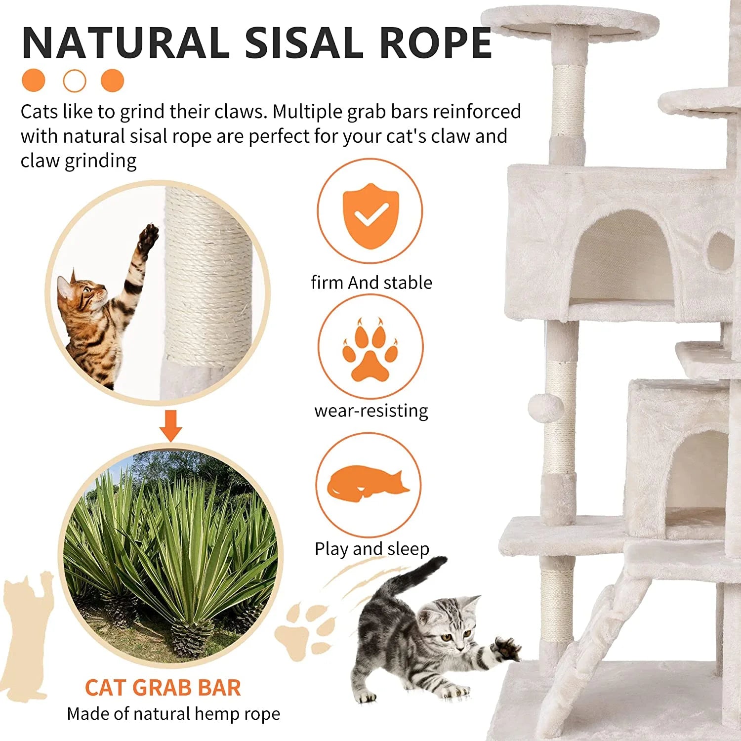 54In Kitten Activity House with Cat Scratching Posts Stand House Cat Condo with Funny Toys Beige