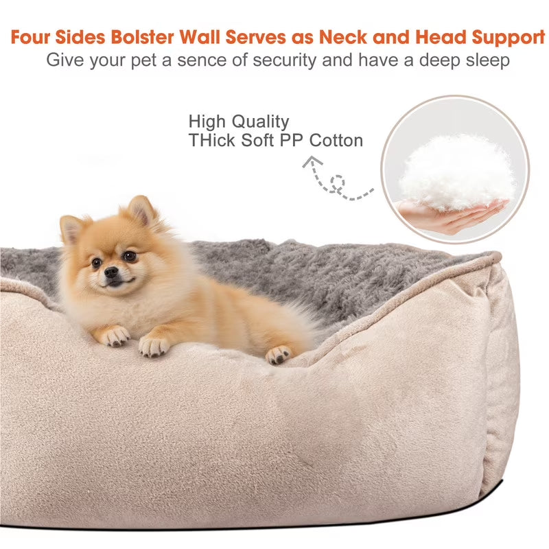 Rectangle Dog Bed for Large Medium Small Dogs, Soft Breathable Puppy & Pet Cuddler with Washable Orthopedic Sofa Bed, Durable Calming Dog Bed with Anti-Slip Bottom, Beige, 30"X24"X9"