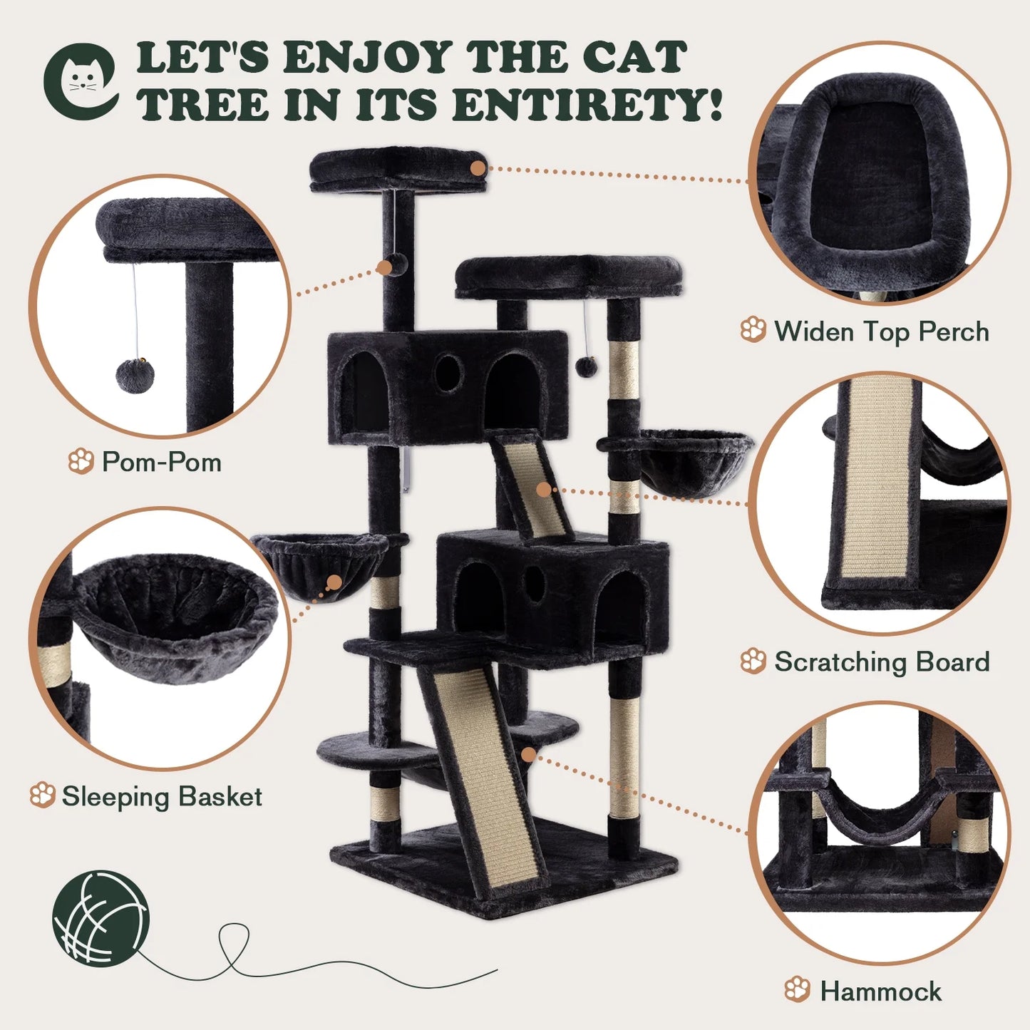 65.7" Large Cat Tree and Tower Condo for Cats with 2 Scratching Boards, Hammock & Post, Dark Blue