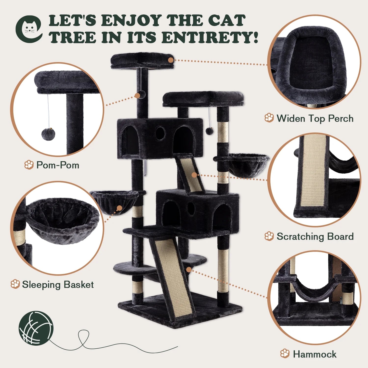 65.7" Large Cat Tree and Tower Condo for Cats with 2 Scratching Boards, Hammock & Post, Dark Blue
