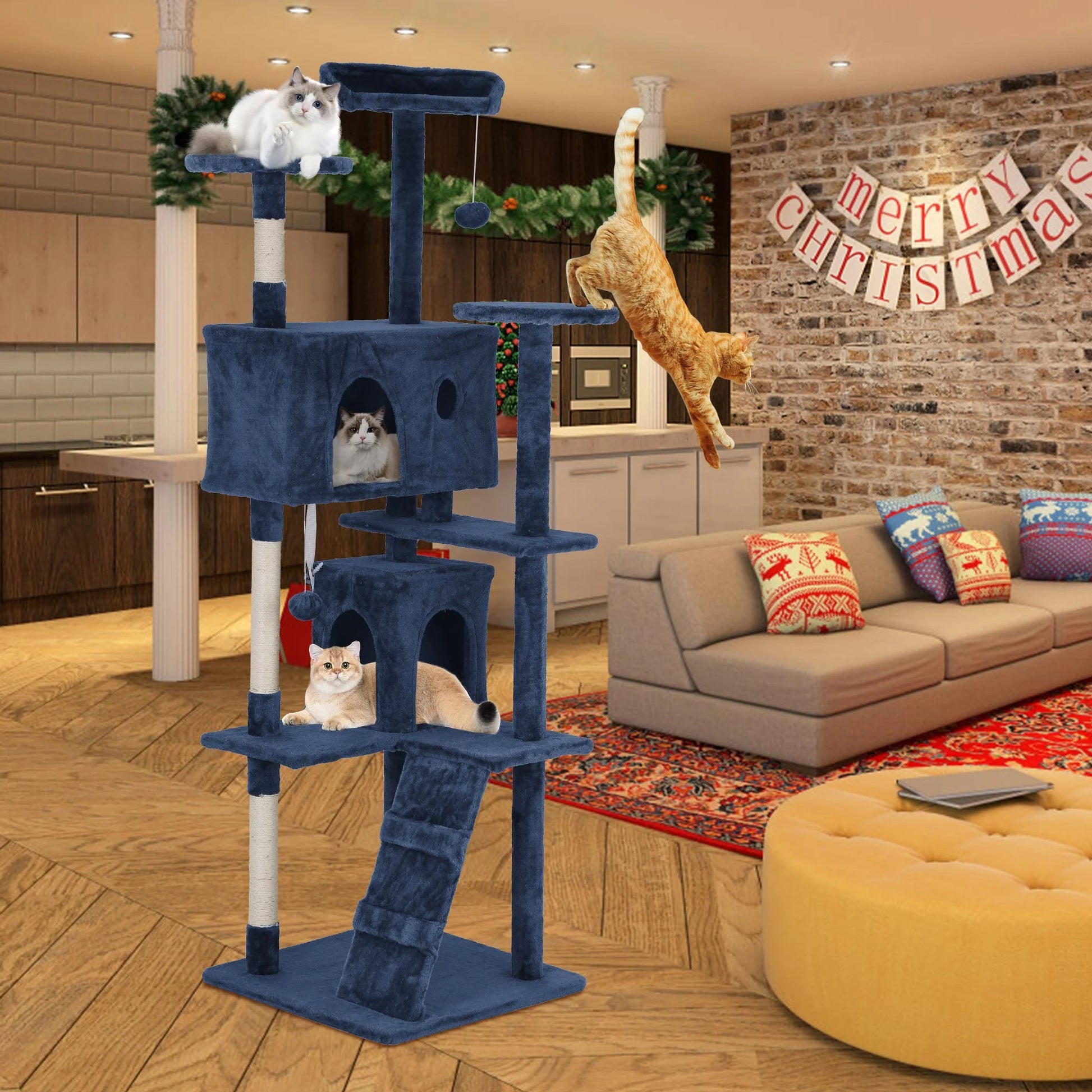 54In Cat Tree Tower for Large Cats, Cat Climbing Tower Cat Scratching Tree with Cat Scratching Stand, Big Cat Tree House Funny Toys for Kittens Pet(Navy Blue)