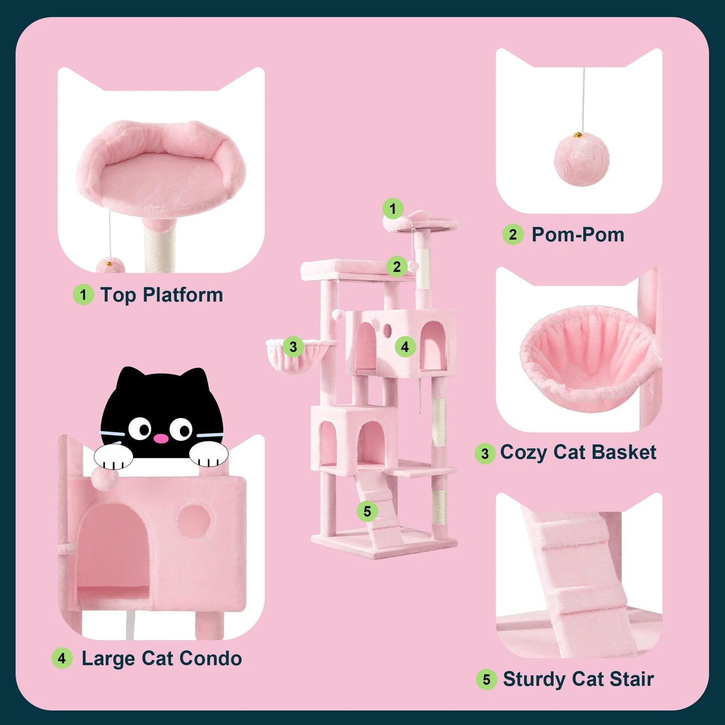 64" Large Cat Tree and Tower with Stair, Condo House & Scratching Posts for Indoor Cats, Pink