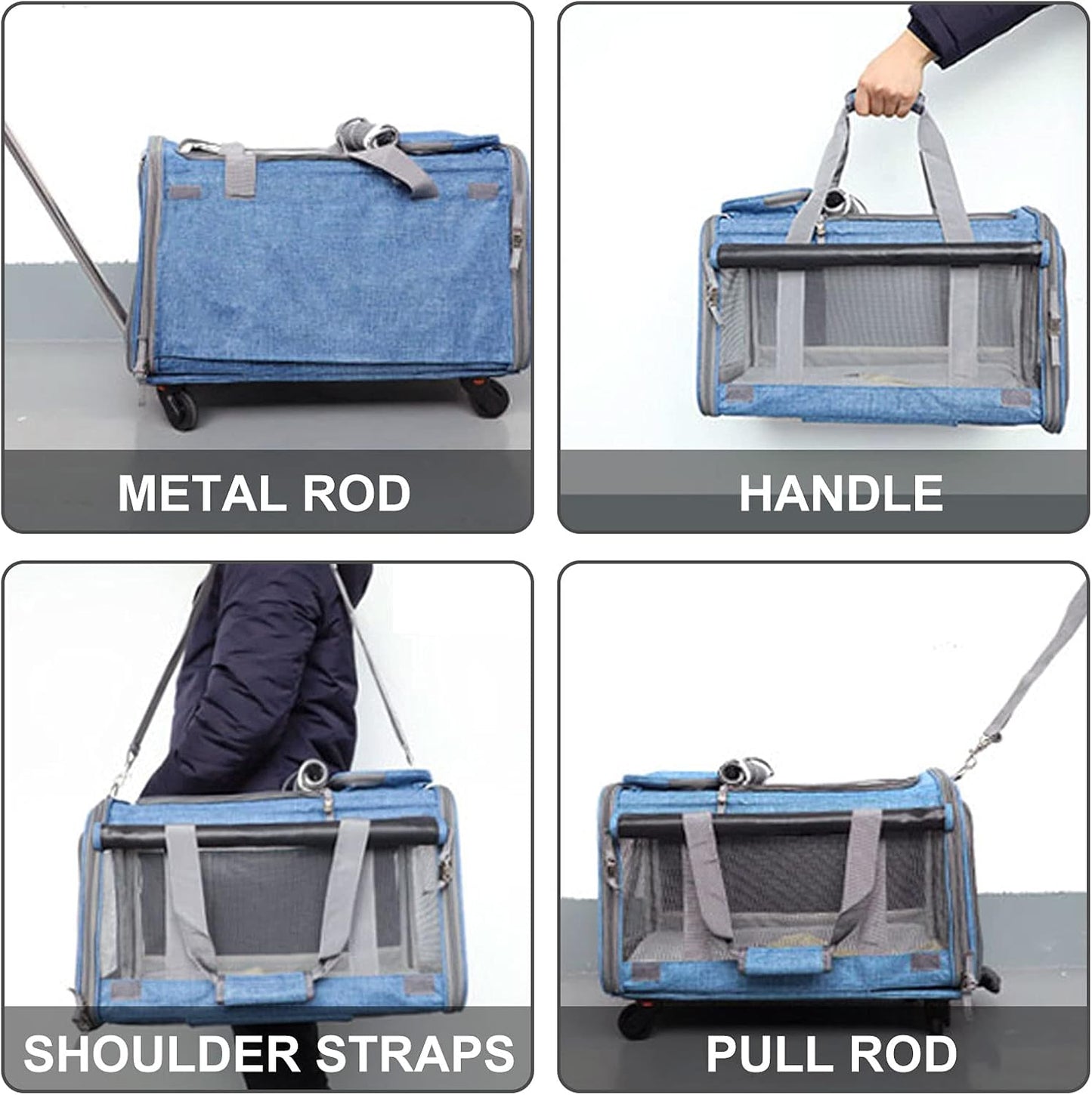 Cat Wheel Carrier, Dog Carrier with Durable Mesh Panels, Pet Carrier with Telescopic Walking Handle,Easy to Fold (Blue, without Storage Bag)