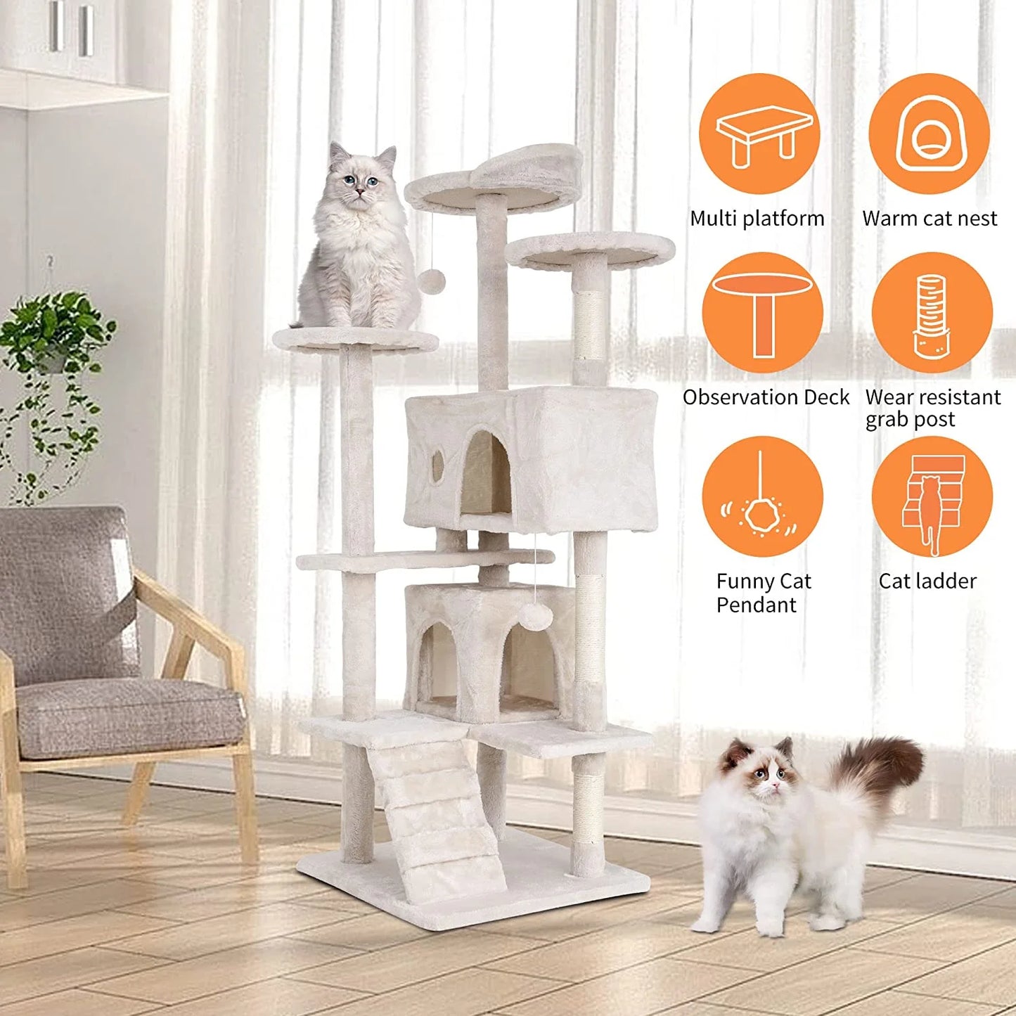 54In Kitten Activity House with Cat Scratching Posts Stand House Cat Condo with Funny Toys Beige