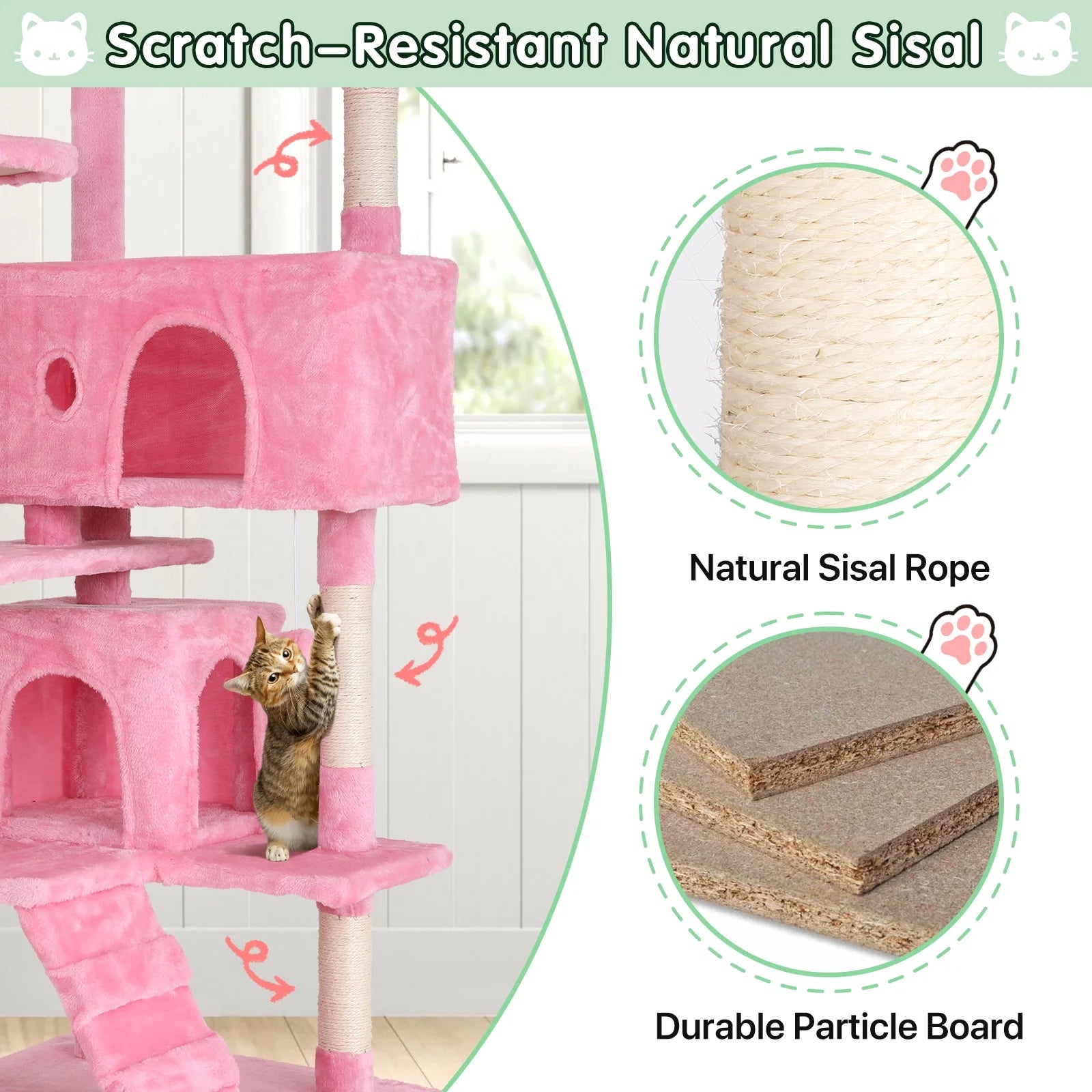 70" Cat Tree Cat Condo Cat Trees and Towers Multi-Level Activity Center Cat Playhouse with Sisal Scratching Posts & Perch for Kittens, Easy to Assemble, Pink